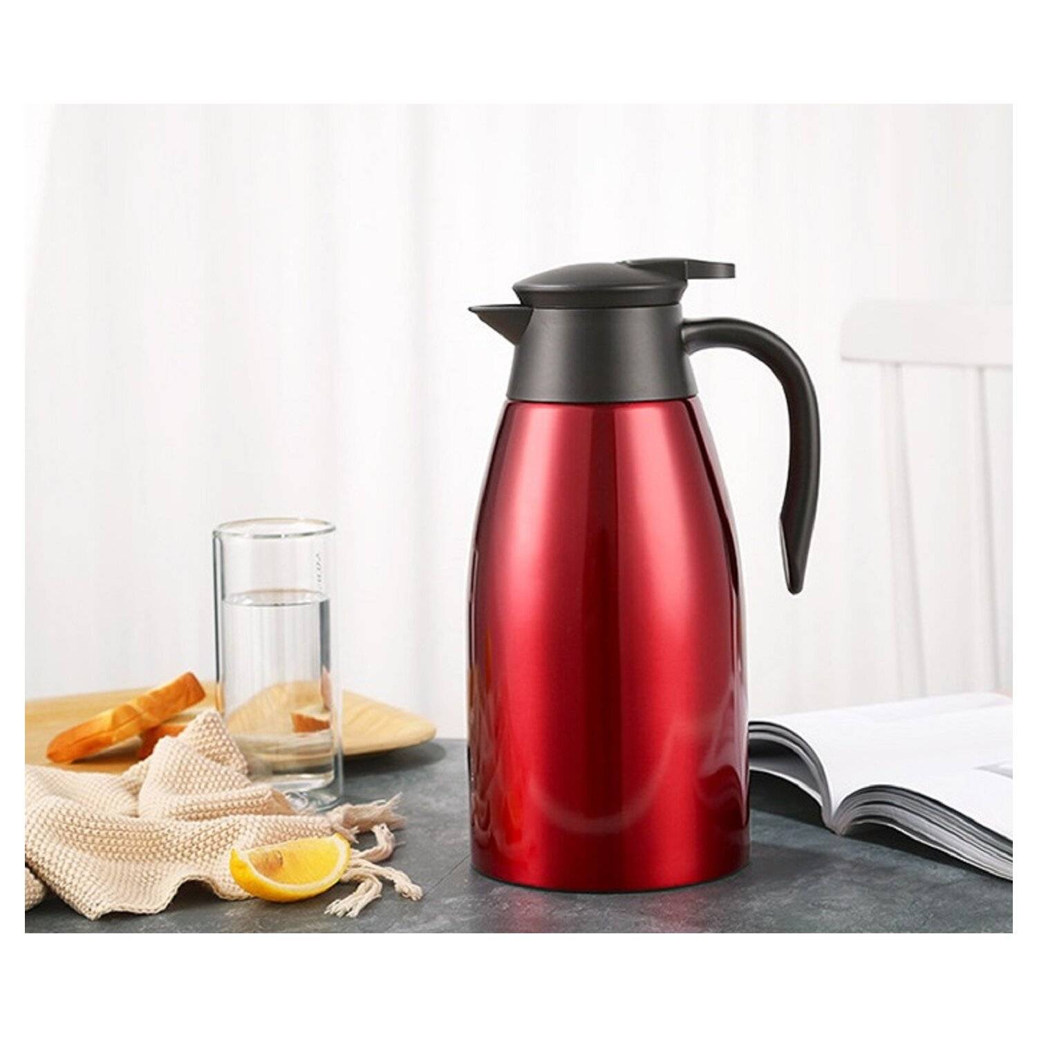 2L Edelstahl Thermoskanne Isolierkanne Thermosflasche Kaffeekanne Doppelwandig Rot