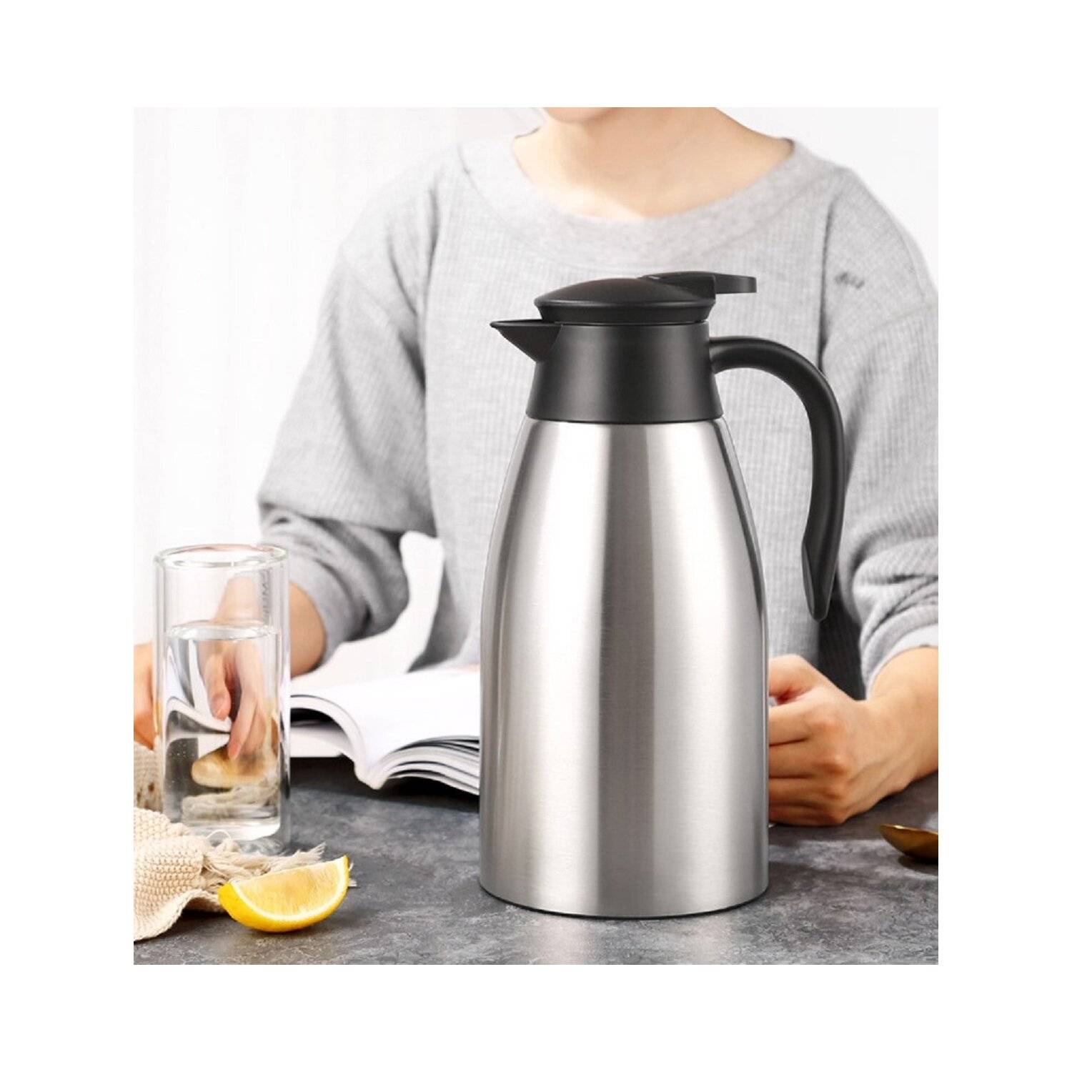 2L Edelstahl Thermoskanne Isolierkanne Thermosflasche Kaffeekanne Doppelwandig Silber
