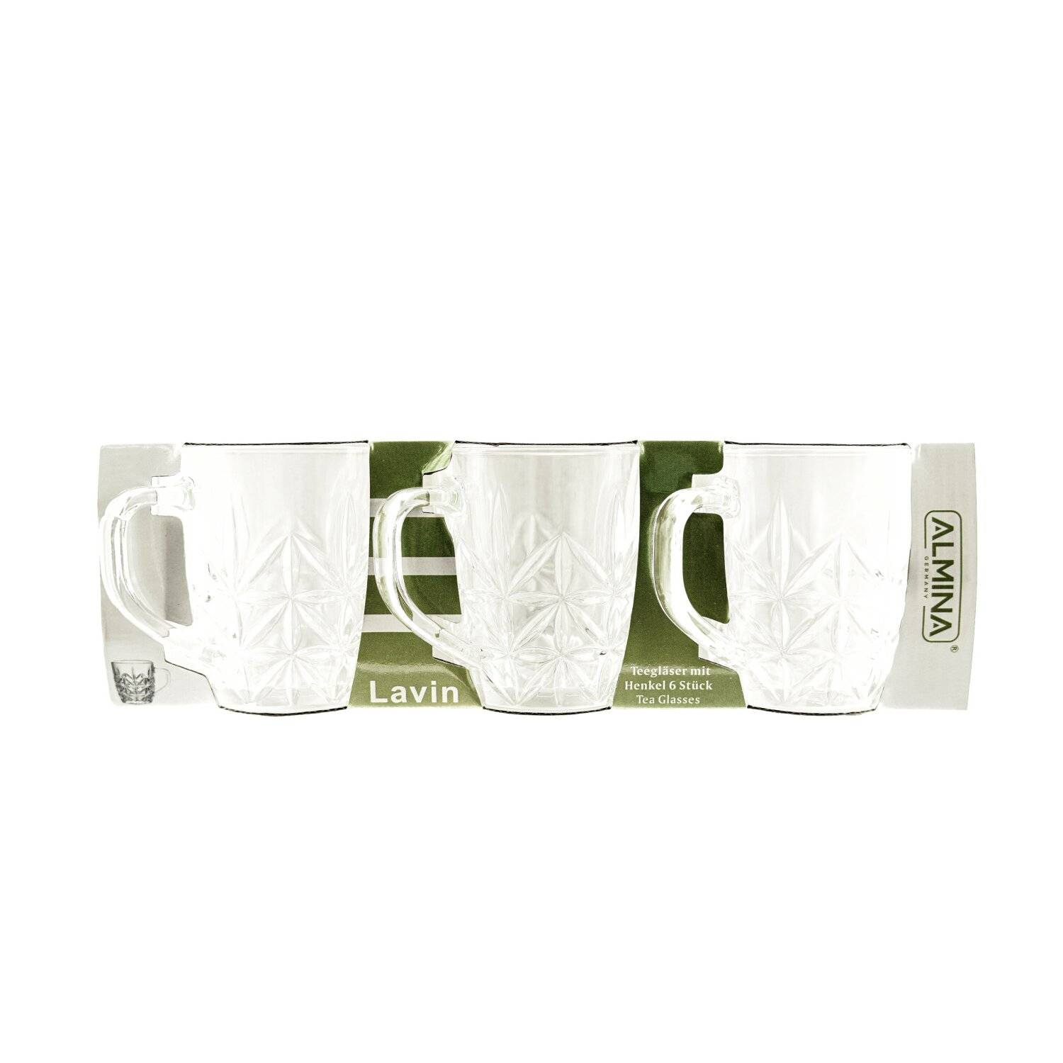 Almina Lavin 6er-Gläser Set mit Henkel Teeglas Kaffeeglas Transparent mit Design