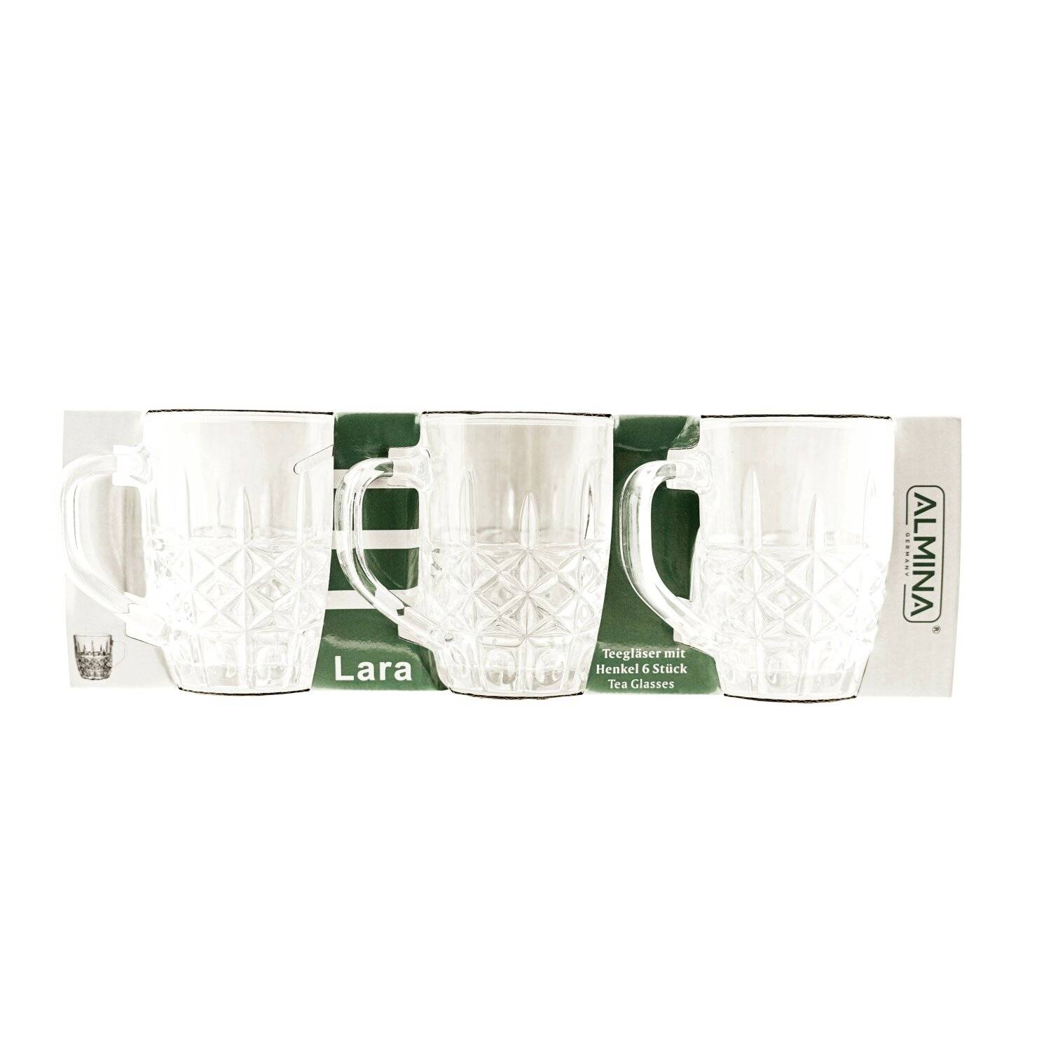 Almina Lara 6er-Gläser Set mit Henkel Teeglas Kaffeeglas Transparent mit Design