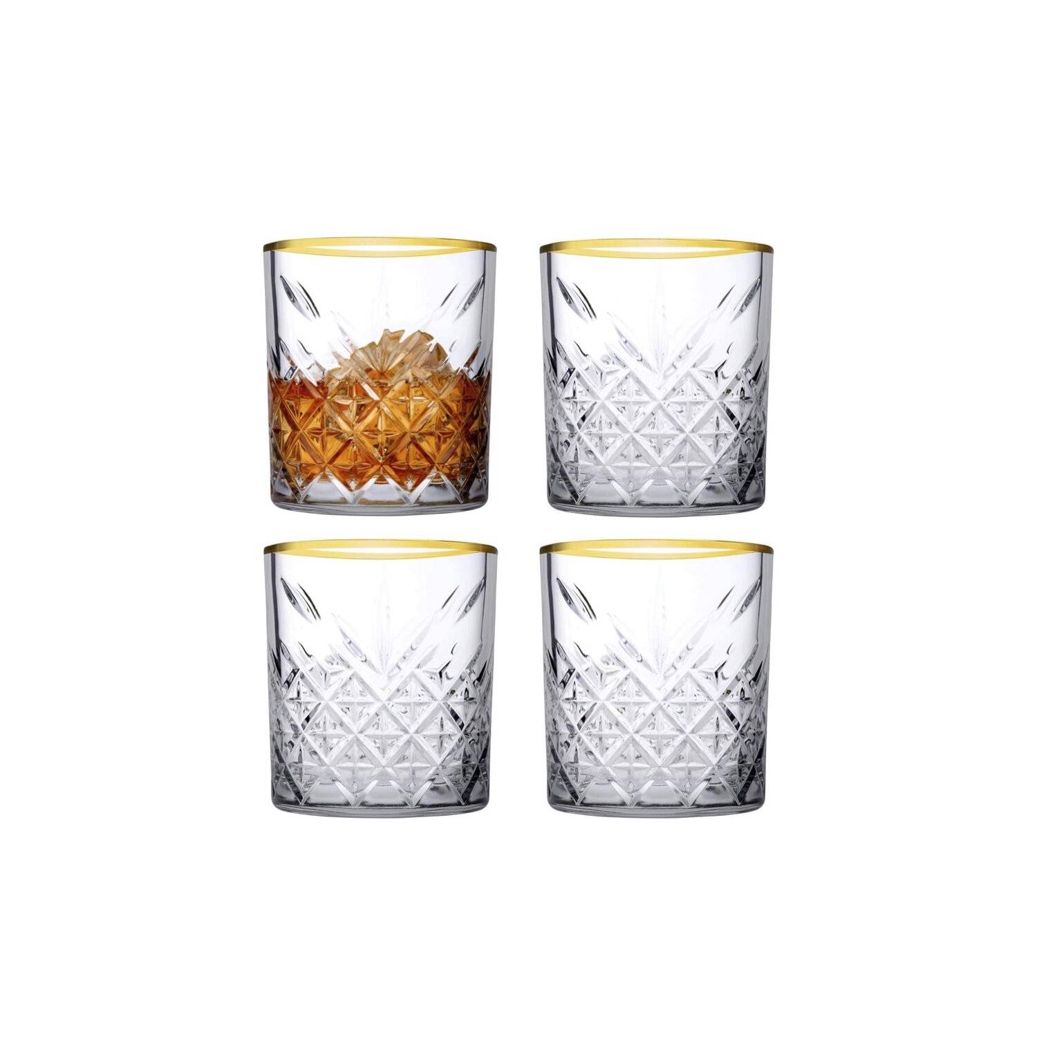 Pasabahce 52790 Whisky Glas Tumbler Timeless im Kristall-Design, Höhe 9,6 cm, 345 ml, 4 Stück, Retro-Design gold