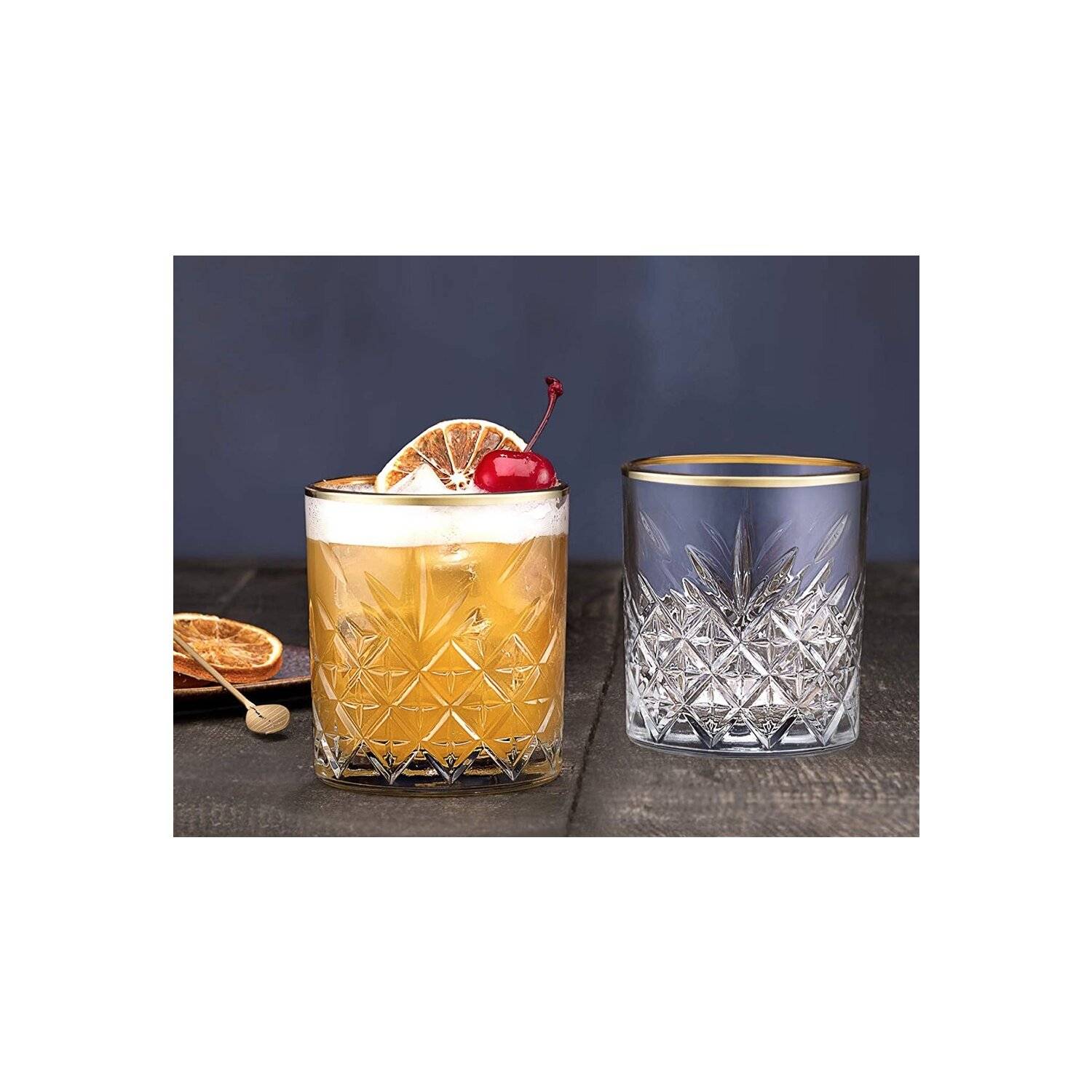 Pasabahce 52790 Whisky Glas Tumbler Timeless im Kristall-Design, Höhe 9,6 cm, 345 ml, 4 Stück, Retro-Design gold