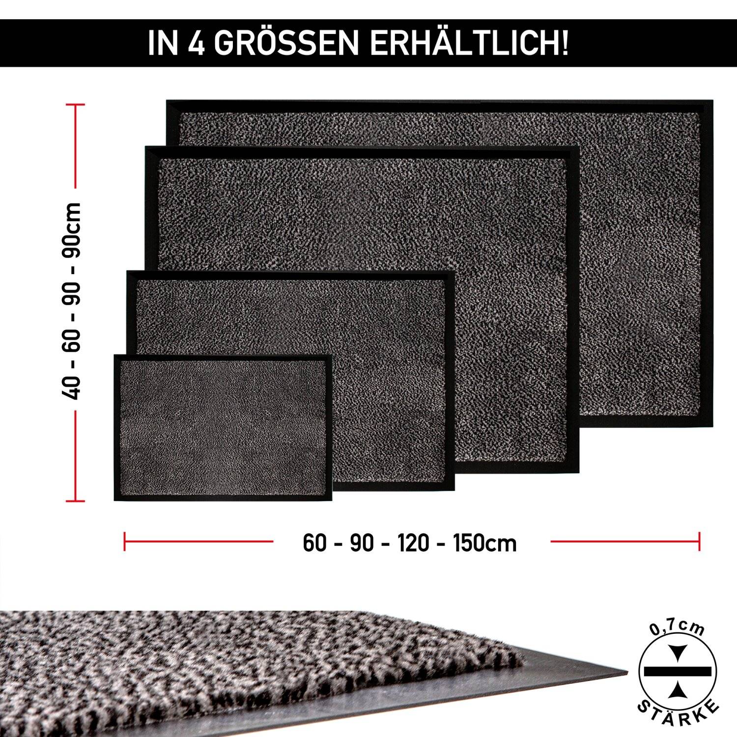 Schmutzfangmatte waschbare & leistungsstarke Fußmatte mit Rutschfester Rückseite Türmatte 90x120cm Anthrazit-Schwarz