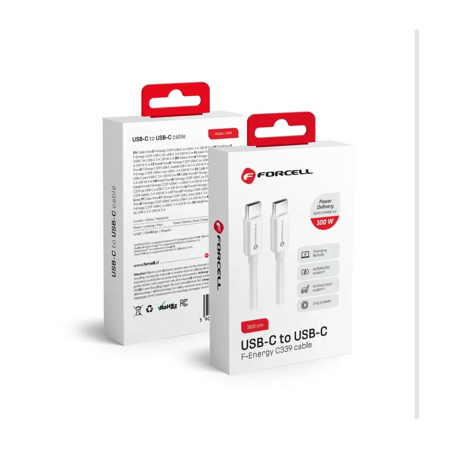 FORCELL Schnellladekabel / Datenkabel Typ C bis Typ C QC4.0 5A/20V PD 100W C339 3m weiß