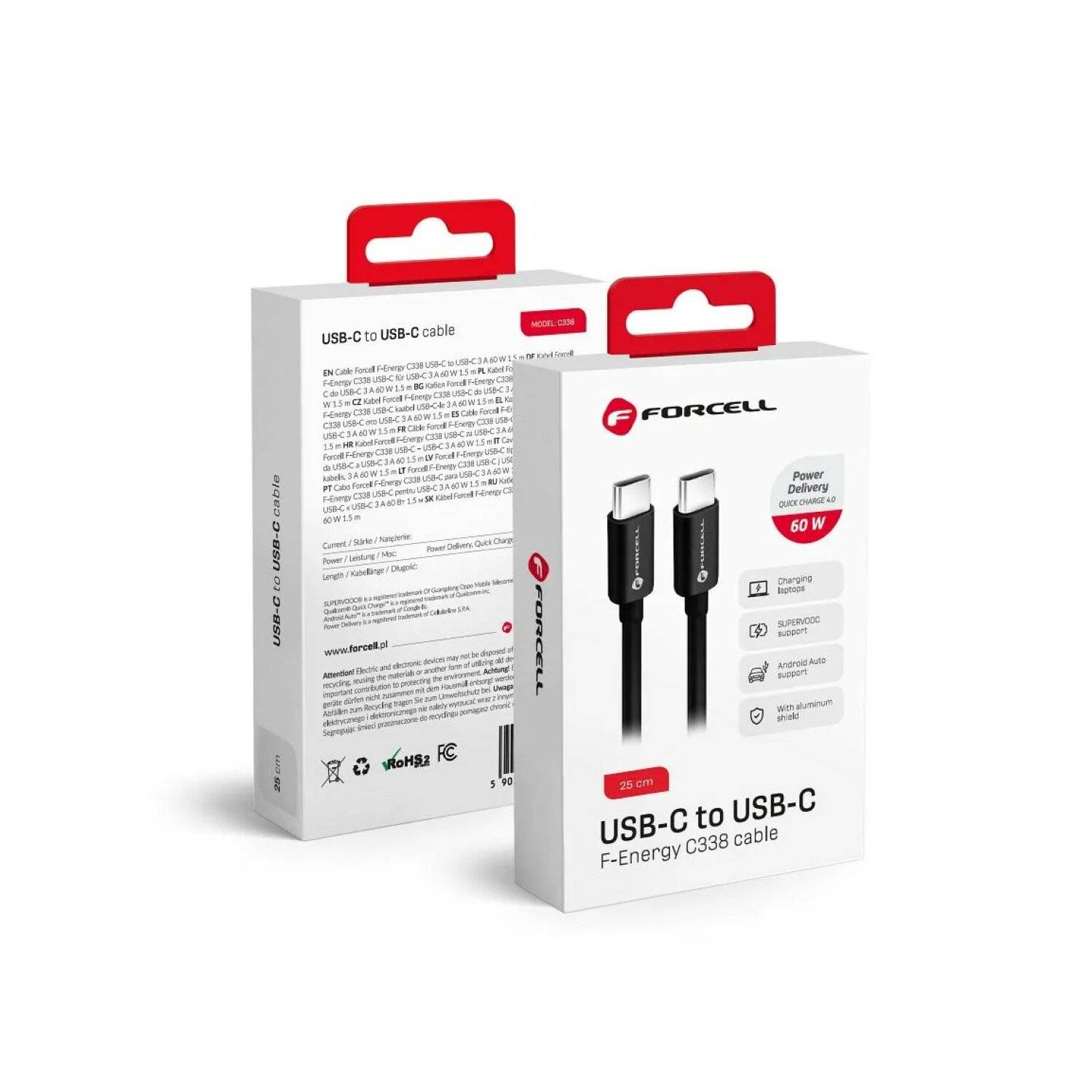 FORCELL Schnellladekabel/Datenkabel Kabel Typ C bis Typ C QC 4.0 5A/20V PD 60W C338 Schwarz 25 cm