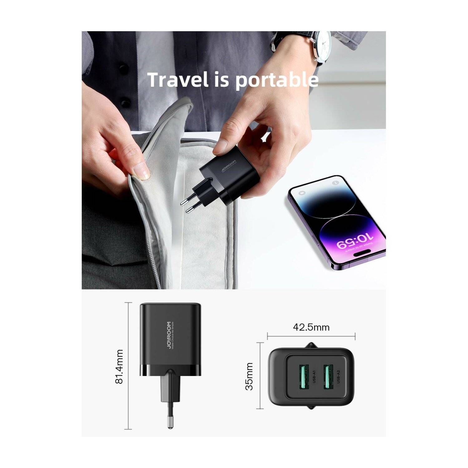 Joyroom JR-TCN01 2xUSB-A 12W 2,4A Netzladegerät Schwarz Ladeadapter Schnelles Laden