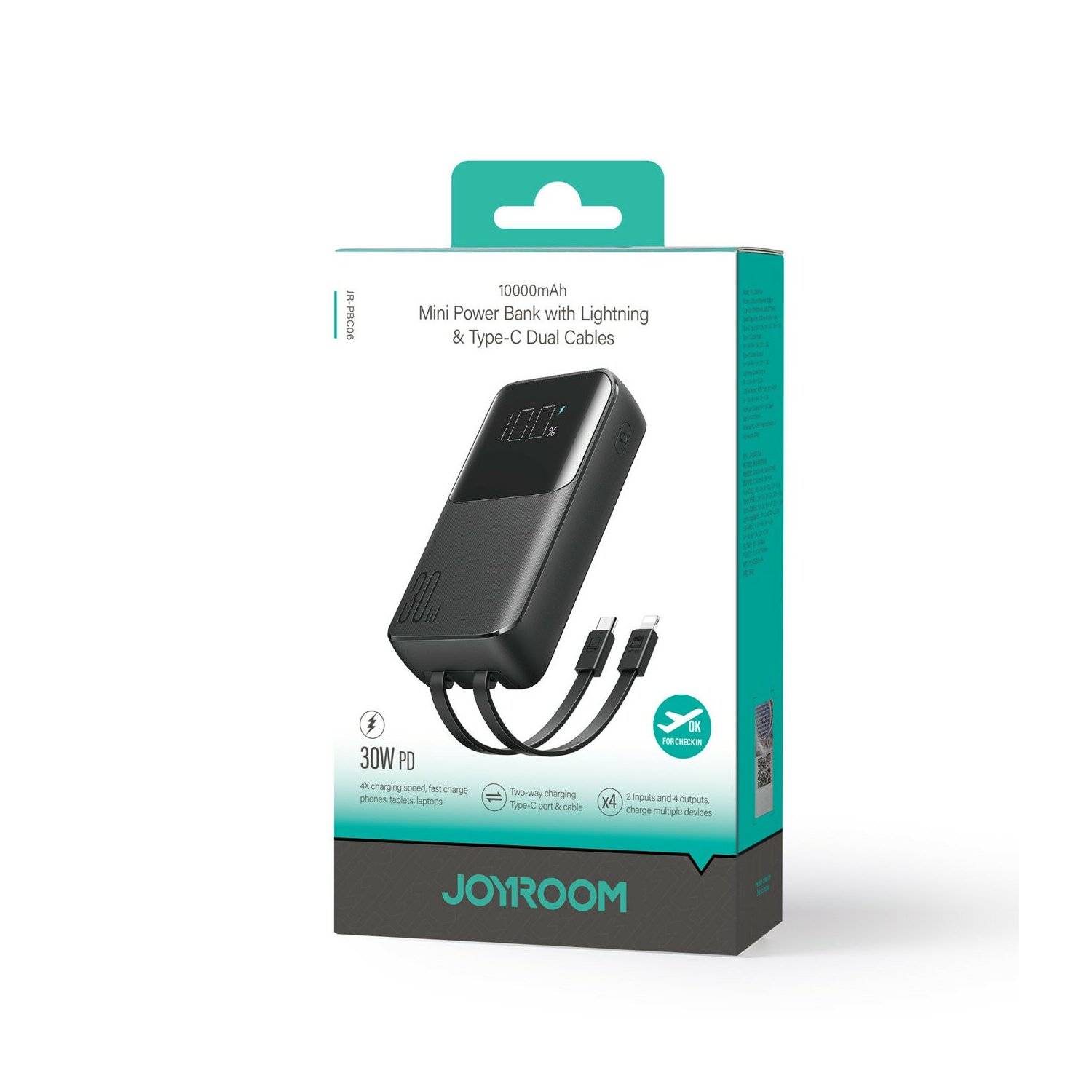 Joyroom Powerbank 30W 10000mAh mit integrierten iPhone und USB-C-Kabeln Schwarz