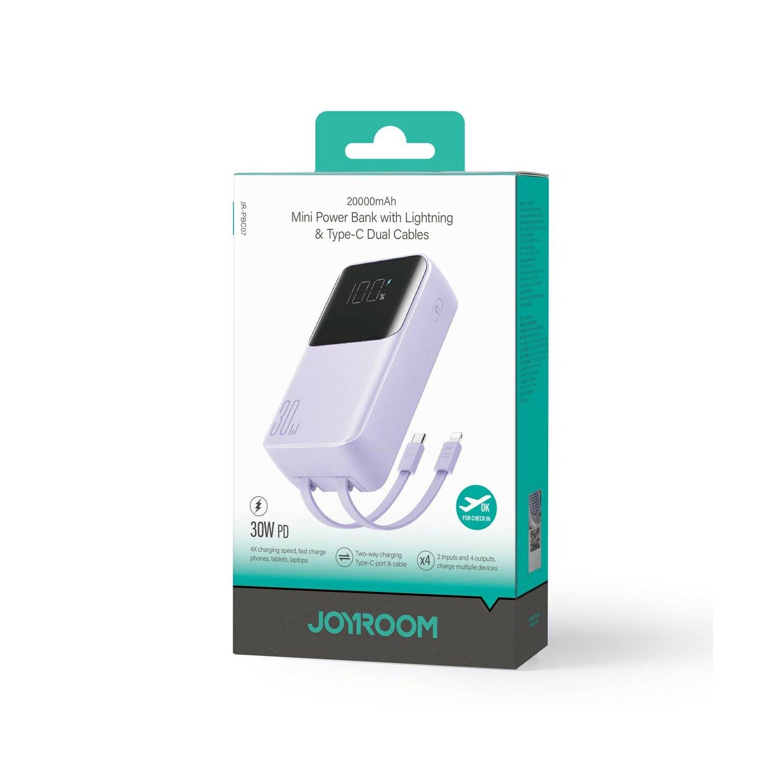 Mini-Powerbank mit integrierten Kabeln Joyroom JR-PBC07 20000 mAh 30 W – Lila