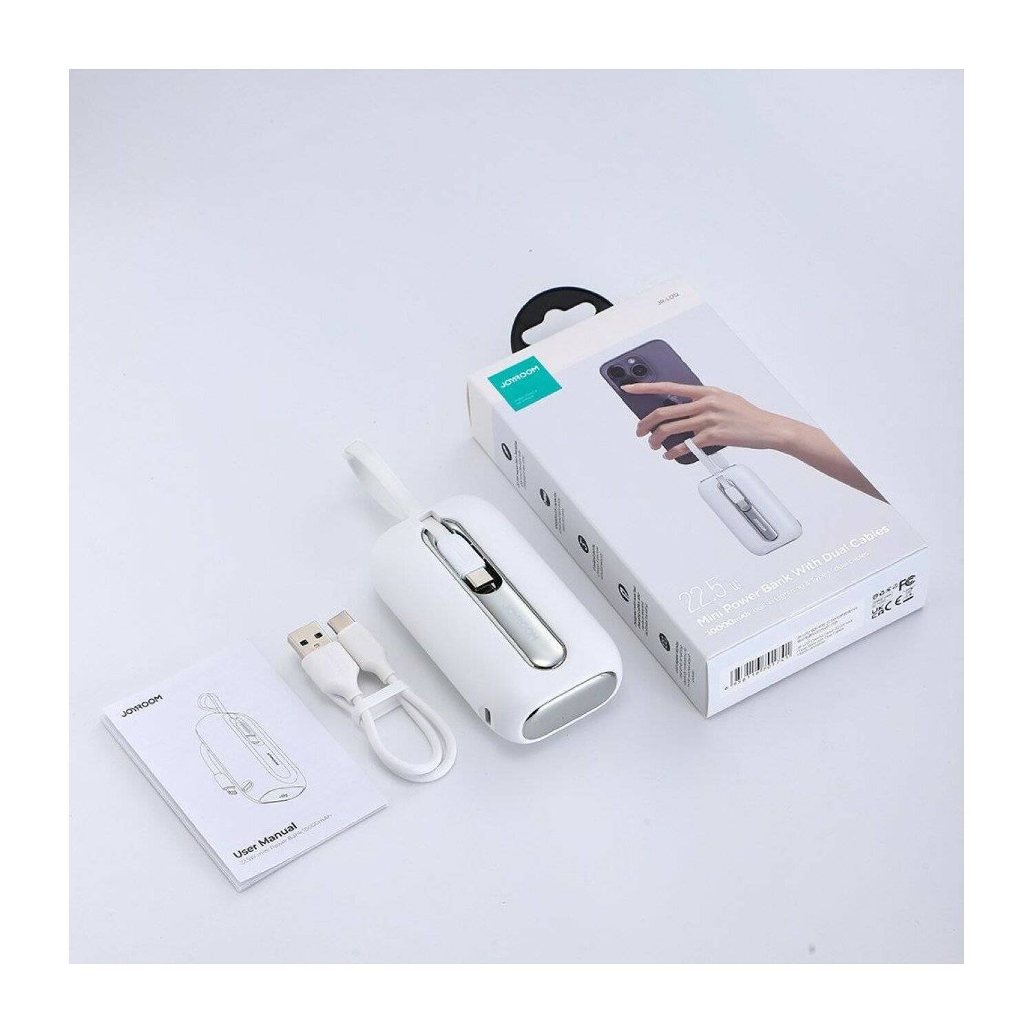 Joyroom Powerbank 10000mAh Colorful Series 22.5W mit 2 eingebauten USB C und iPhone Kabel weiß (JR-L012)