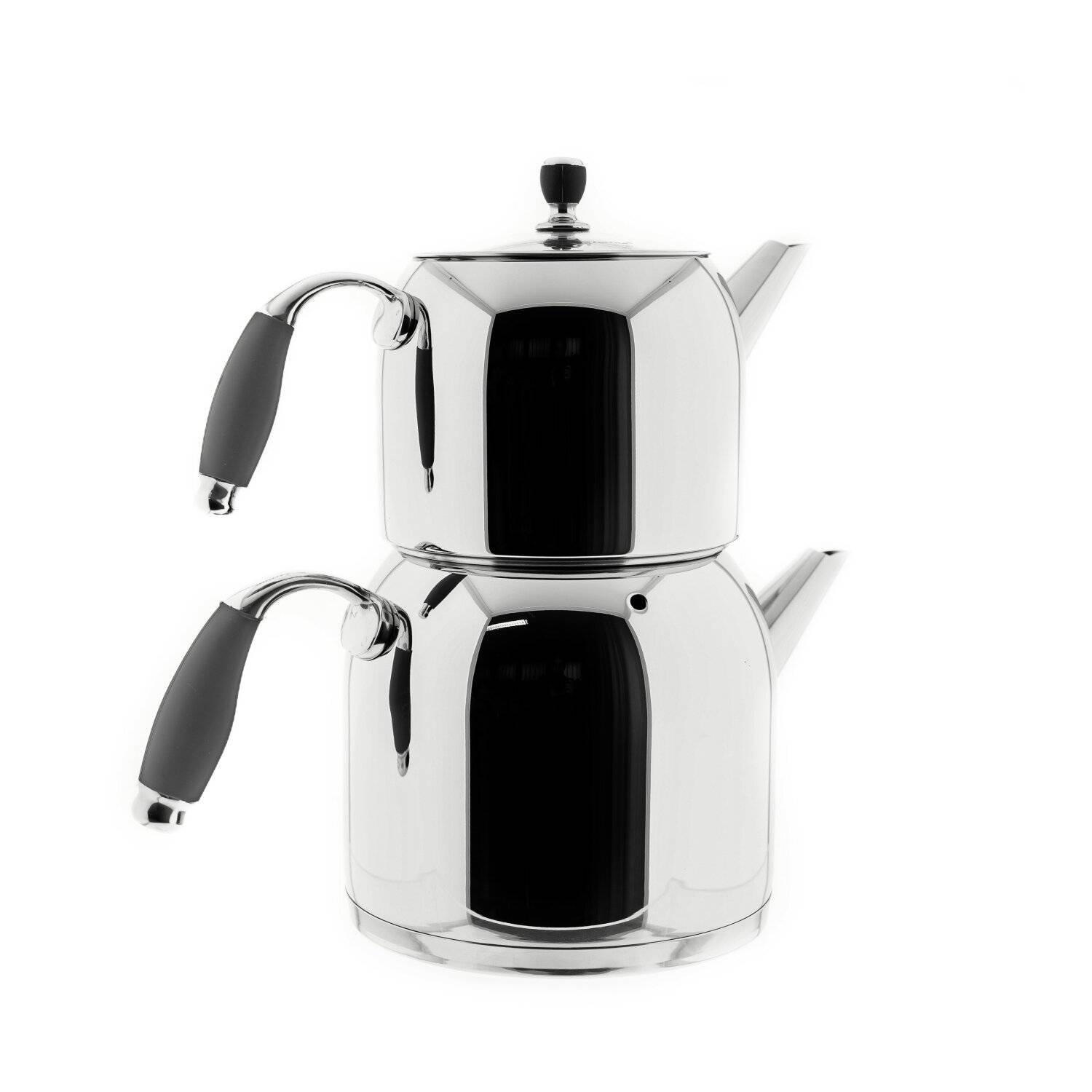 Almina Teekessel-Set mit Deckel Caydanlik Takimi aus 18/10-Edelstahl mit grauen Silikongriffen 1,5L/3,0L