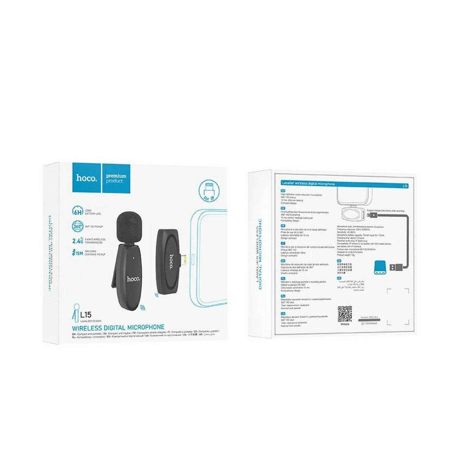 HOCO drahtloses Lavaliermikrofon für iPhone 8-pin iPhone-Anschluss L15 schwarz