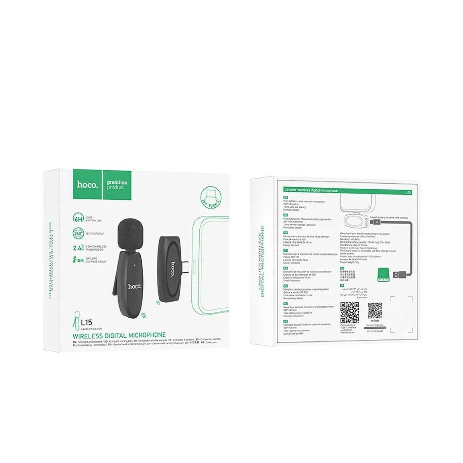 HOCO drahtloses Lavaliermikrofon für Typ C USB-C Anschluss L15 schwarz 70 mAh