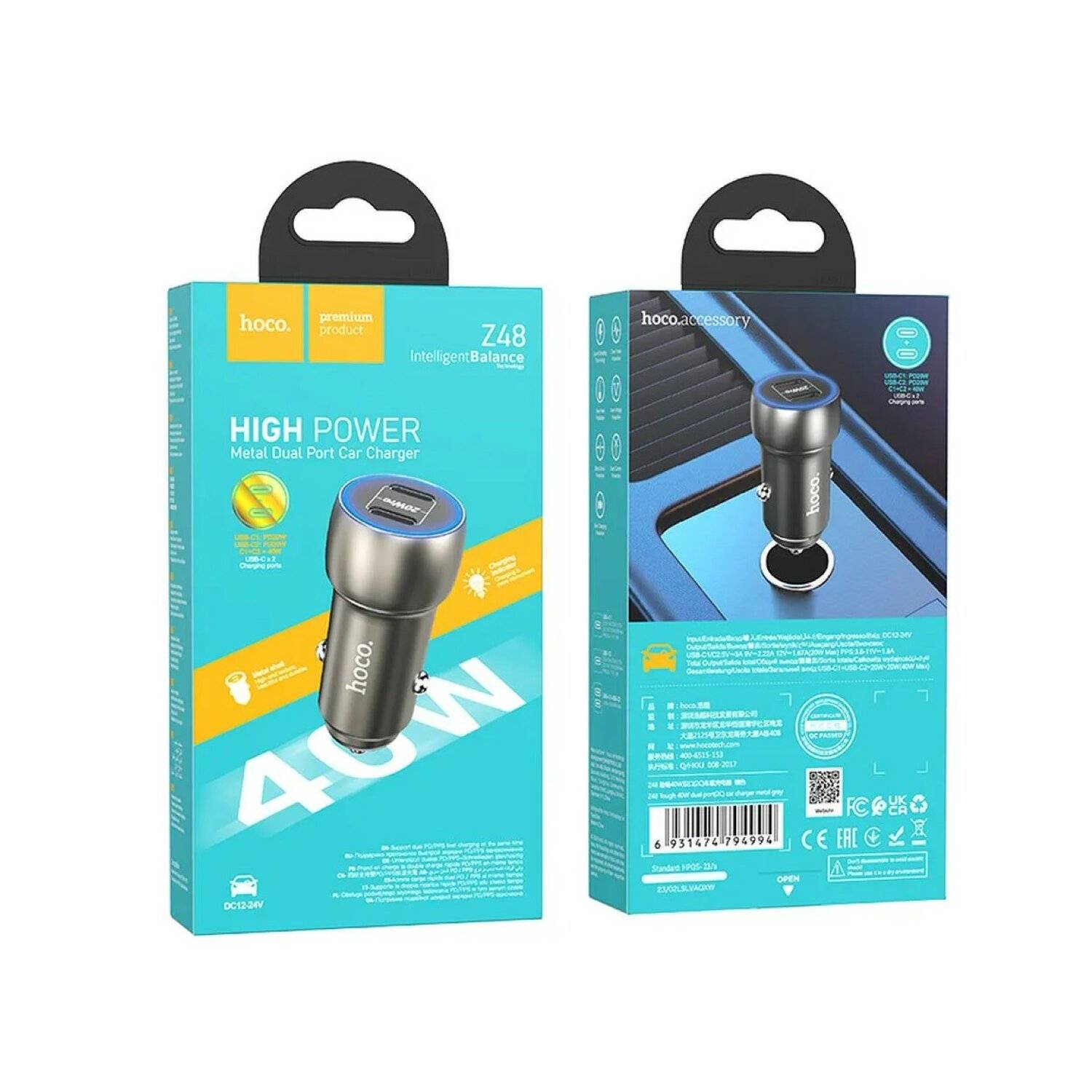 HOCO Autoladegerät 2 Anschlüsse Typ C PD 40W Z48 Metall grau aus Aluminium schnelles Laden