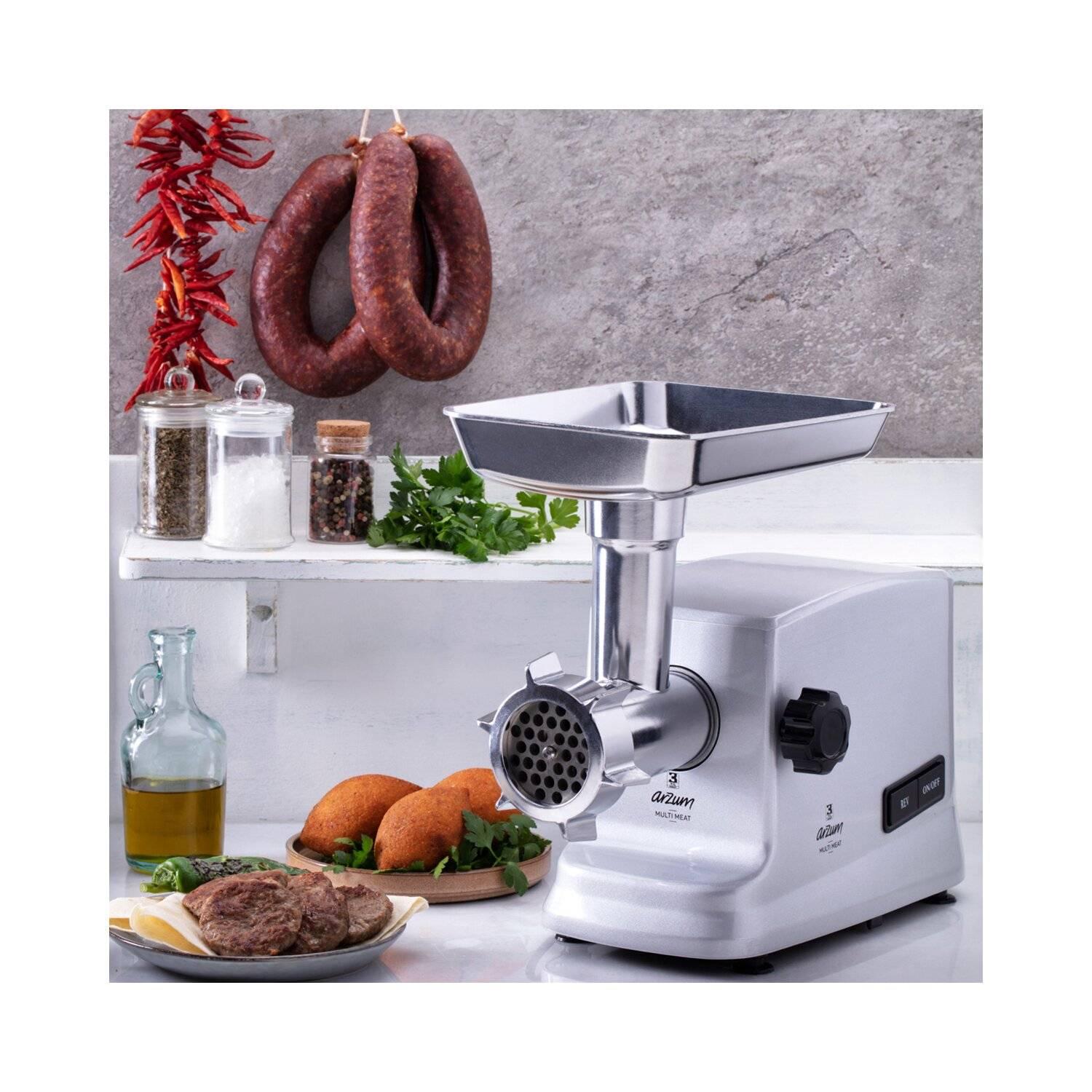 Arzum AR1076 Fleischwolf zum Zerkleinern von Fleisch leicht zu reinigen & viel Zubehör 2000W Weiß