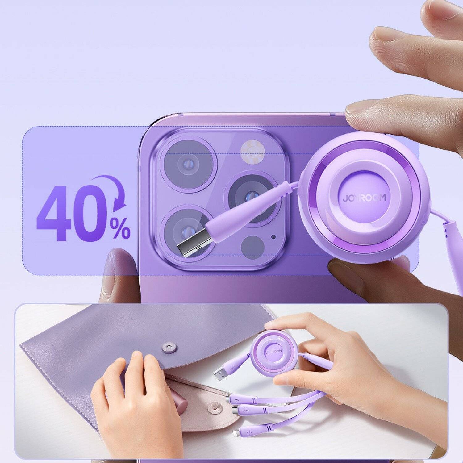 Joyroom S-A40 Colourful Series 3in1 ausziehbares Kabel USB-A auf USB-C / iPhone / microUSB 1 m Lila