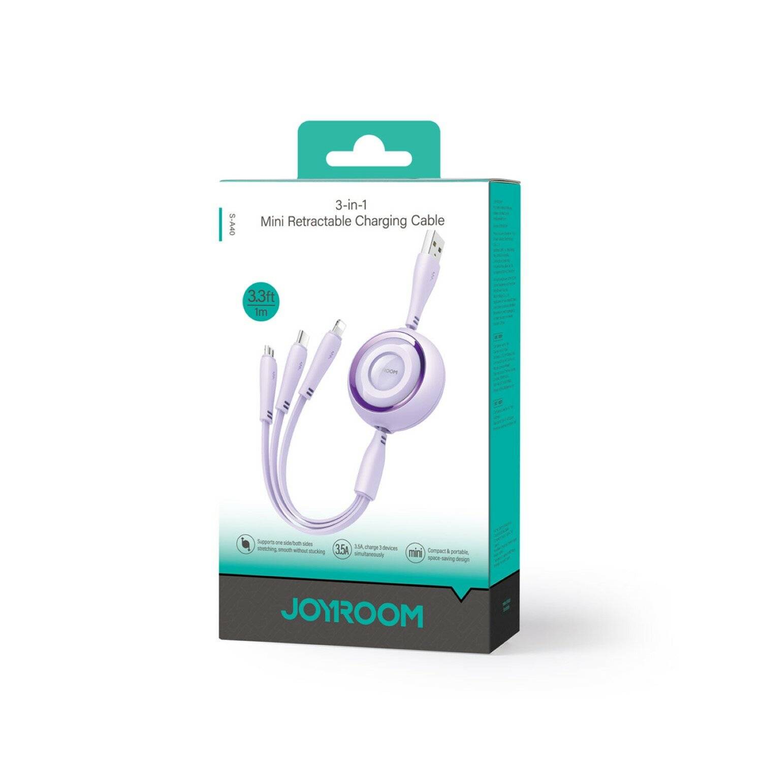 Joyroom S-A40 Colourful Series 3in1 ausziehbares Kabel USB-A auf USB-C / iPhone / microUSB 1 m Lila