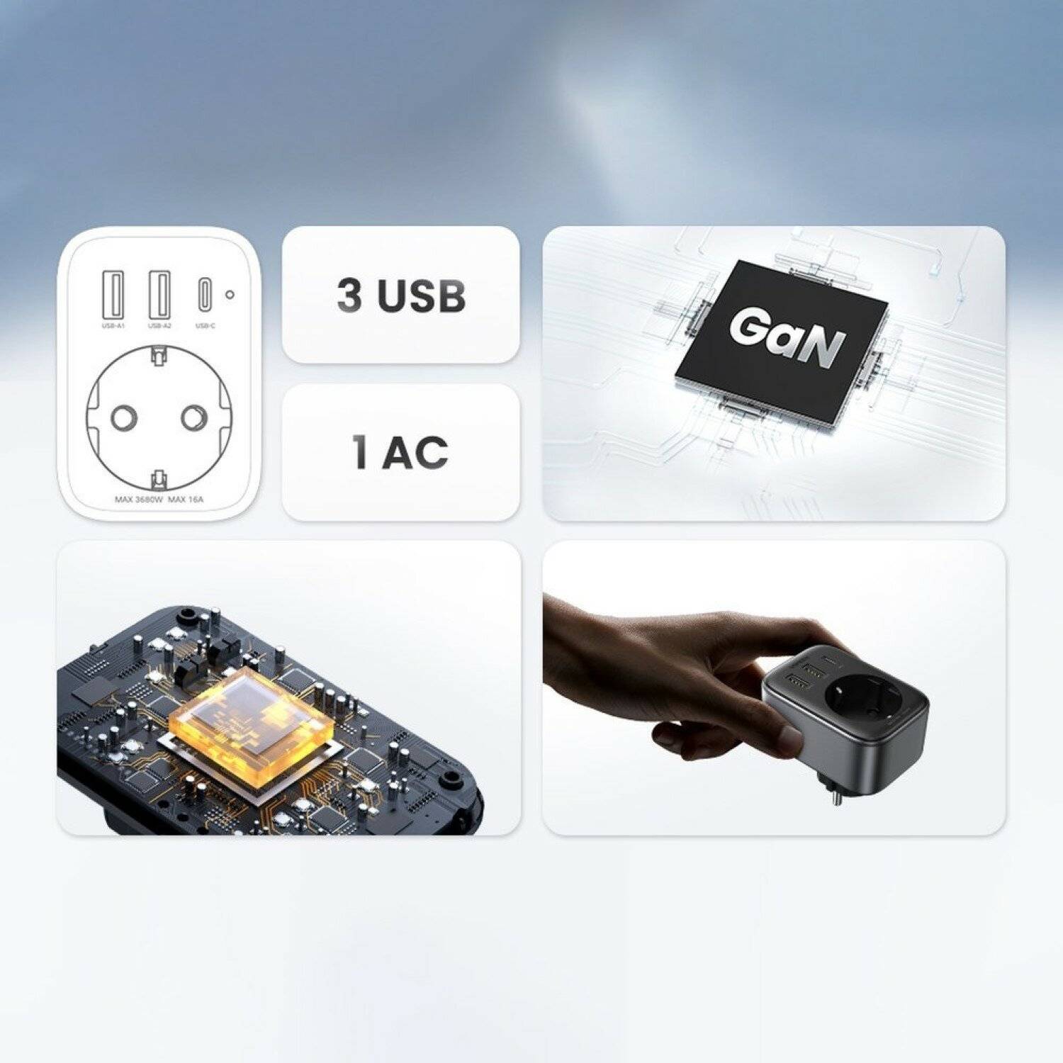 Wandladegerät 30W (2xUSB/USB C/AC) / Adapter EU - EU 13A Ugreen CD314 - Schwarz