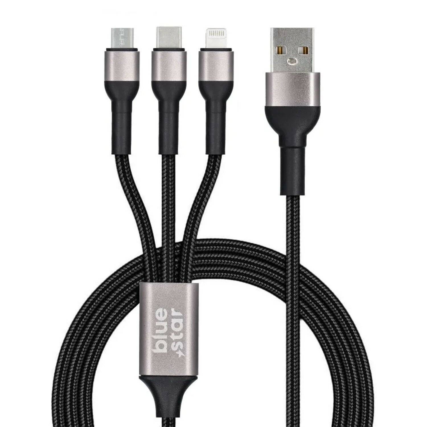 Datenkabel Blue Star – 3in1 mit Micro-USB-, USB-C- und iPhone-Buchsen