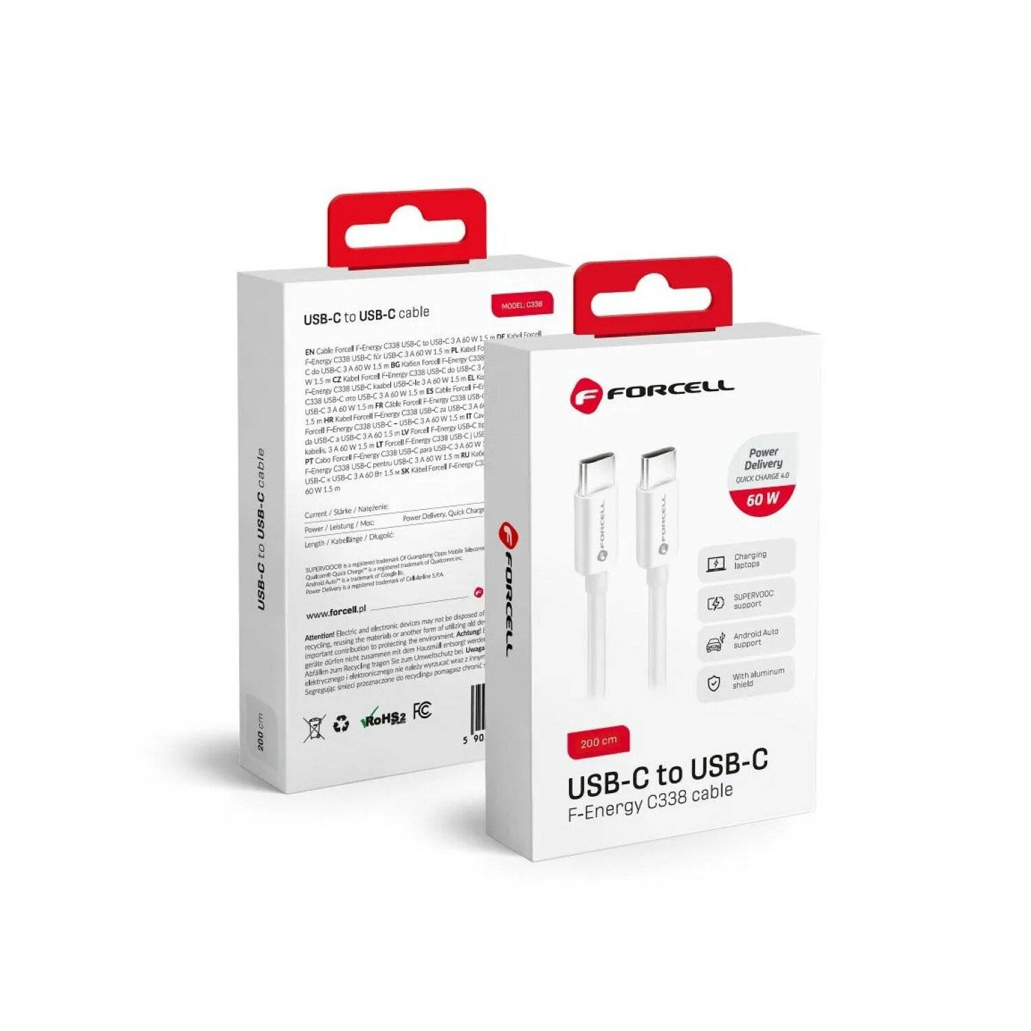 FORCELL Ladekabel/Datenkabel Kabel Typ C auf Typ C QC4.0 3A /20V PD 60W C338 2 m weiß