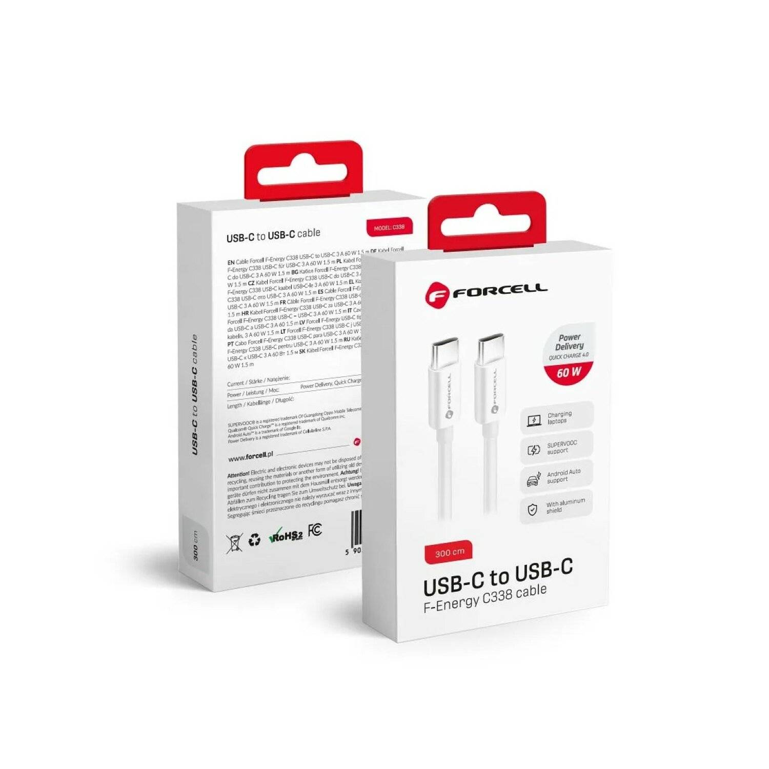 FORCELL Ladekabel/Datenkabel Kabel Typ C auf Typ C QC4.0 3A/20V PD60W C338 3m weiß