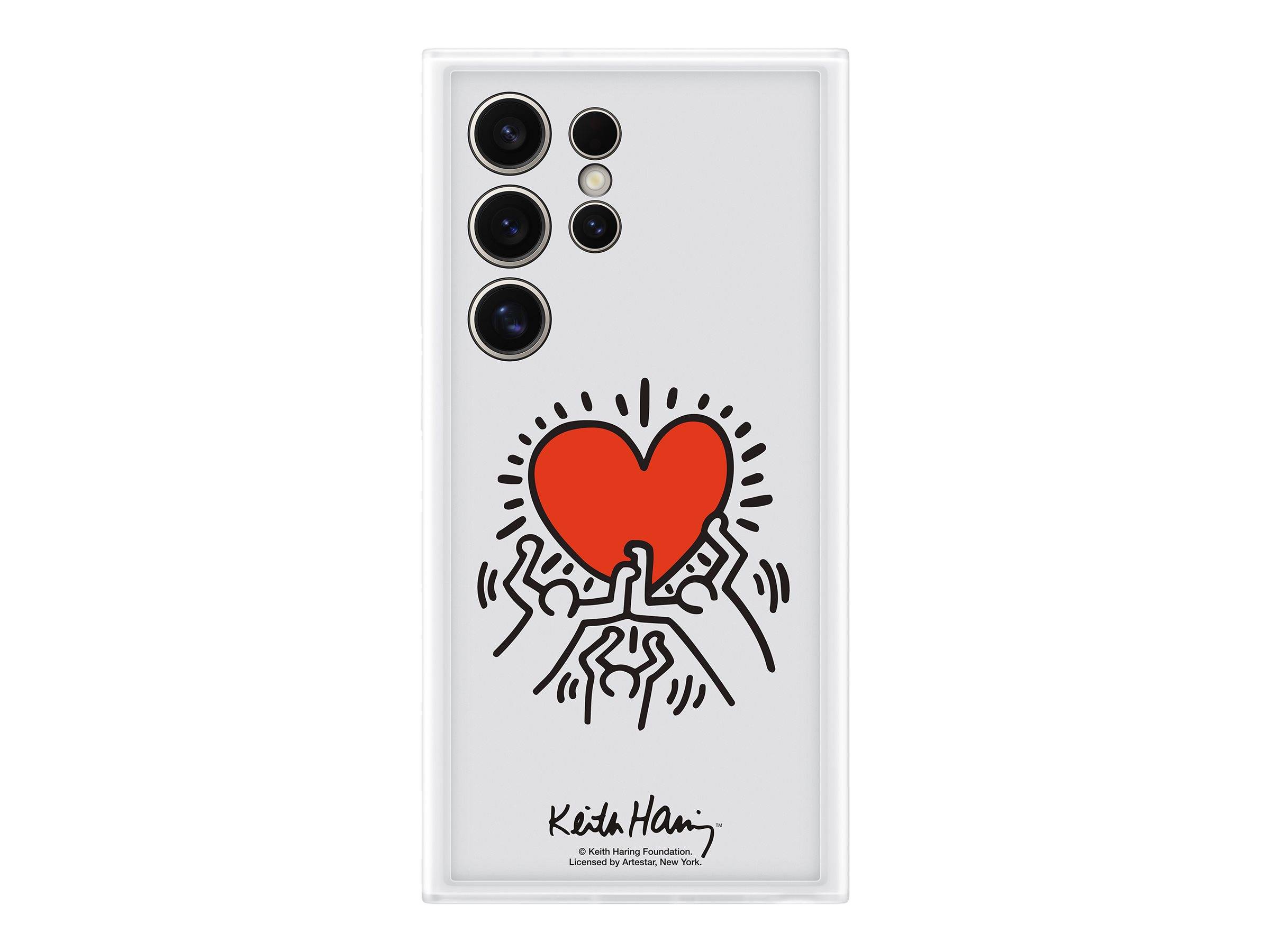 Weiße Handyhülle mit einem Keith-Haring-Stil Rotherz-Design, das von Händen gehalten wird und ausstrahlende Linien hat, gezeigt auf der Rückseite eines Mehrfach-Kamera-Telefons.