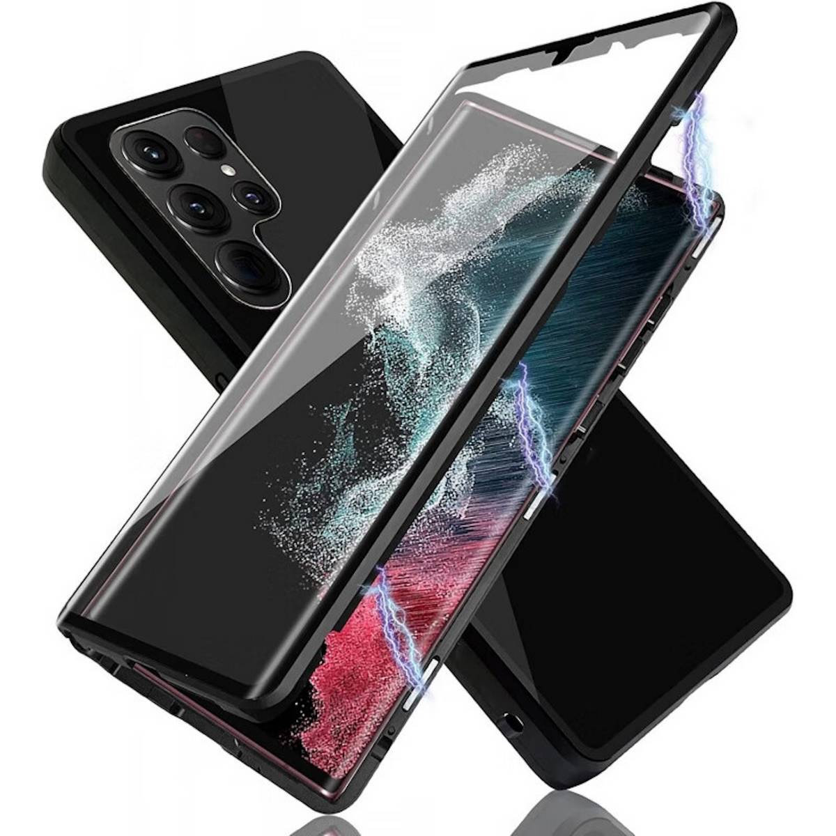 Für Samsung Galaxy S24 Ultra Beidseitiger 360 Grad Magnet Glas Hülle Handy Tasche Bumper Schwarz