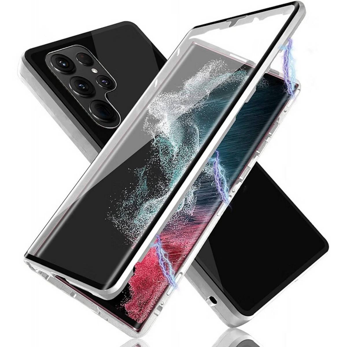 Für Samsung Galaxy S24 Ultra Beidseitiger 360 Grad Magnet Glas Hülle Handy Tasche Bumper Silber