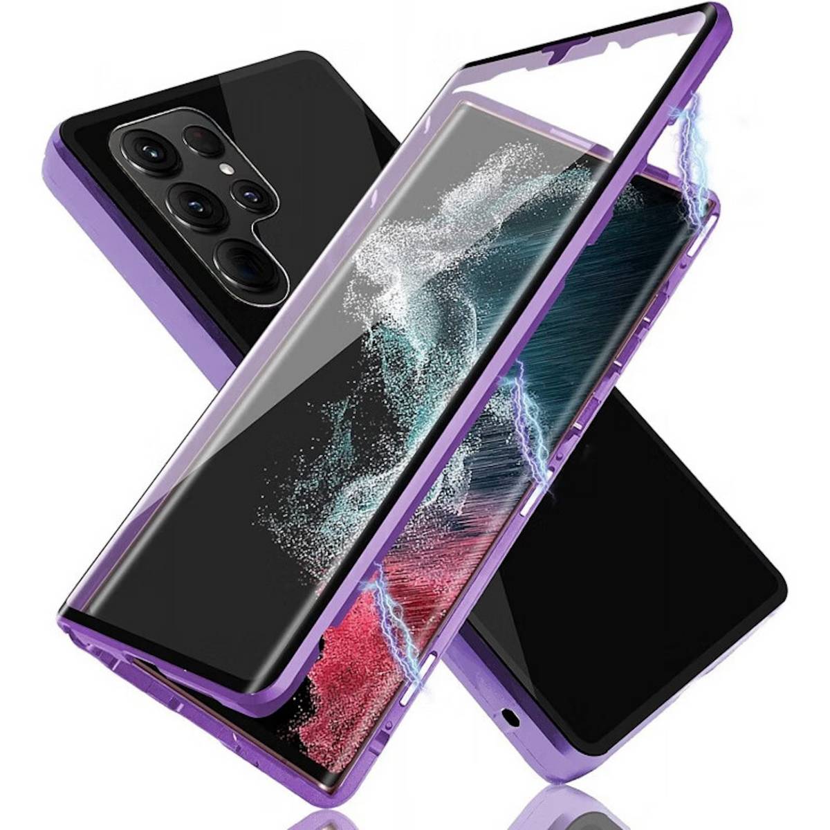 Für Samsung Galaxy S24 Ultra Beidseitiger 360 Grad Magnet Glas Hülle Handy Tasche Bumper Lila