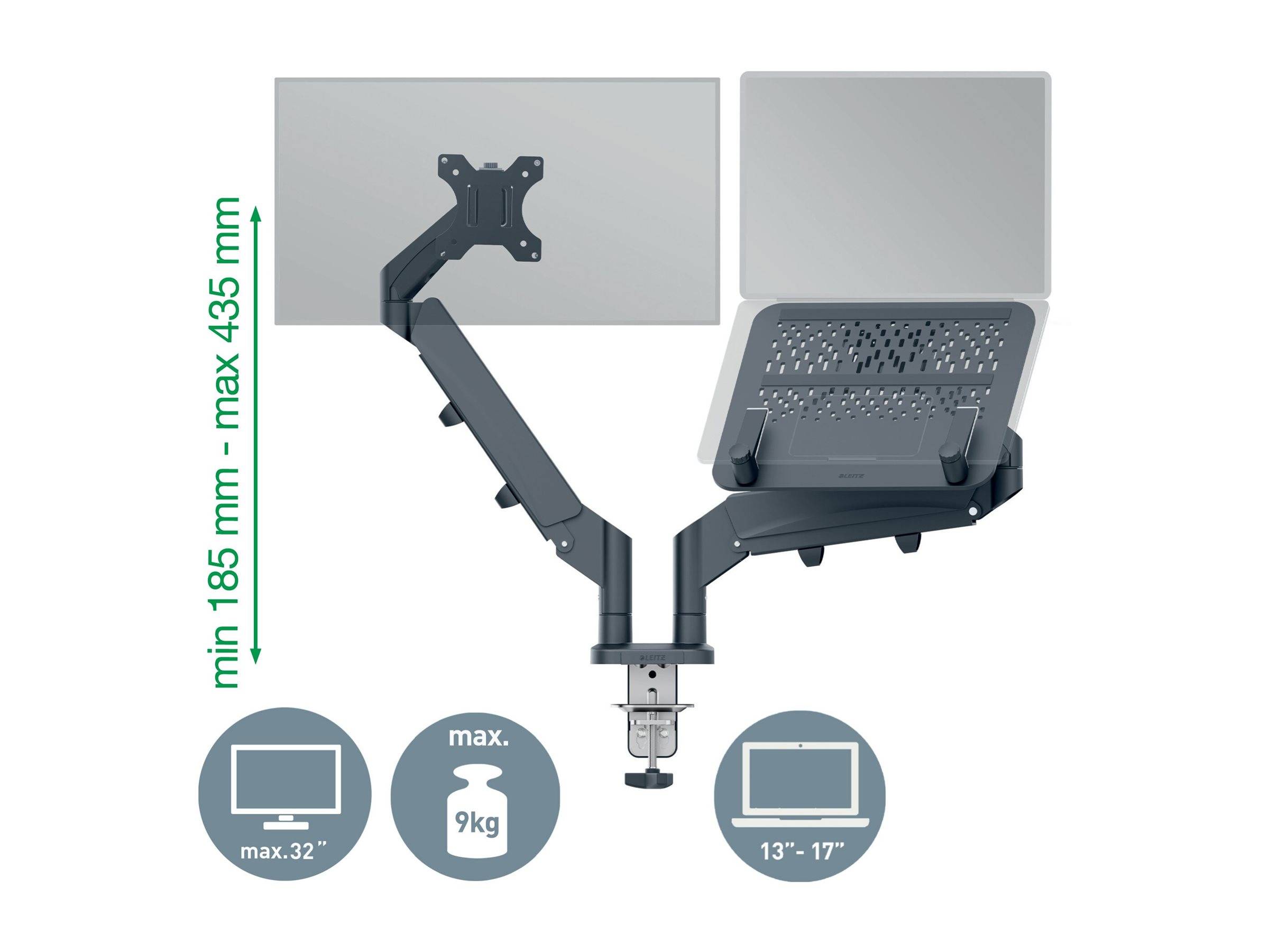 Abbildung eines doppelten Monitorarms mit verstellbarer Höhe von 185 mm bis 435 mm, der ein maximales Gewicht von 9 kg und Bildschirme von 13' bis 17' und bis zu 32' Legende unterstützt.