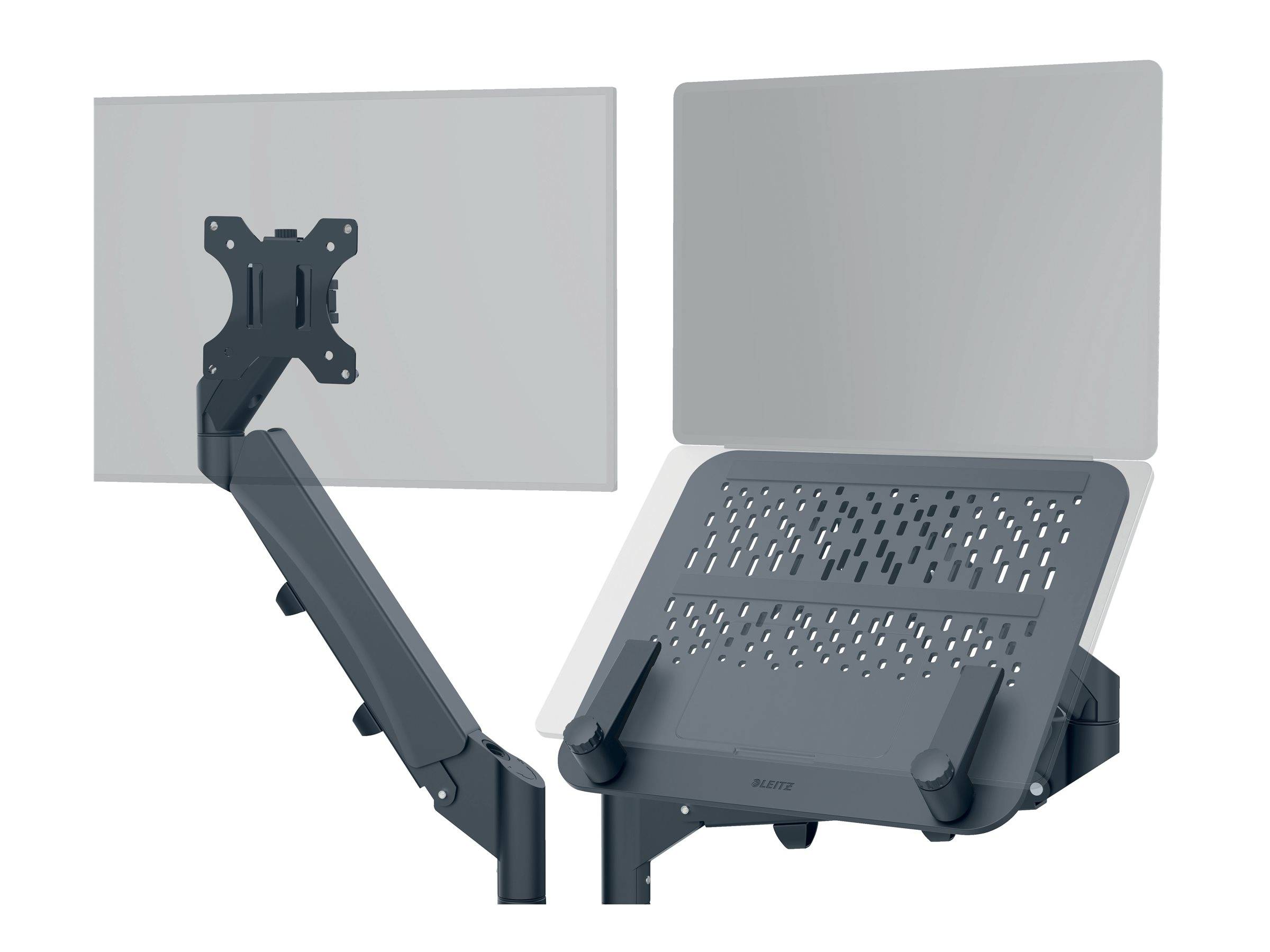 Dual-Monitor-Schreibtischtisch-Halterung mit einem Bildschirm in Frontalansicht und einer Seitenansicht, mit verstellbaren Armen und VESA-Halterungen.