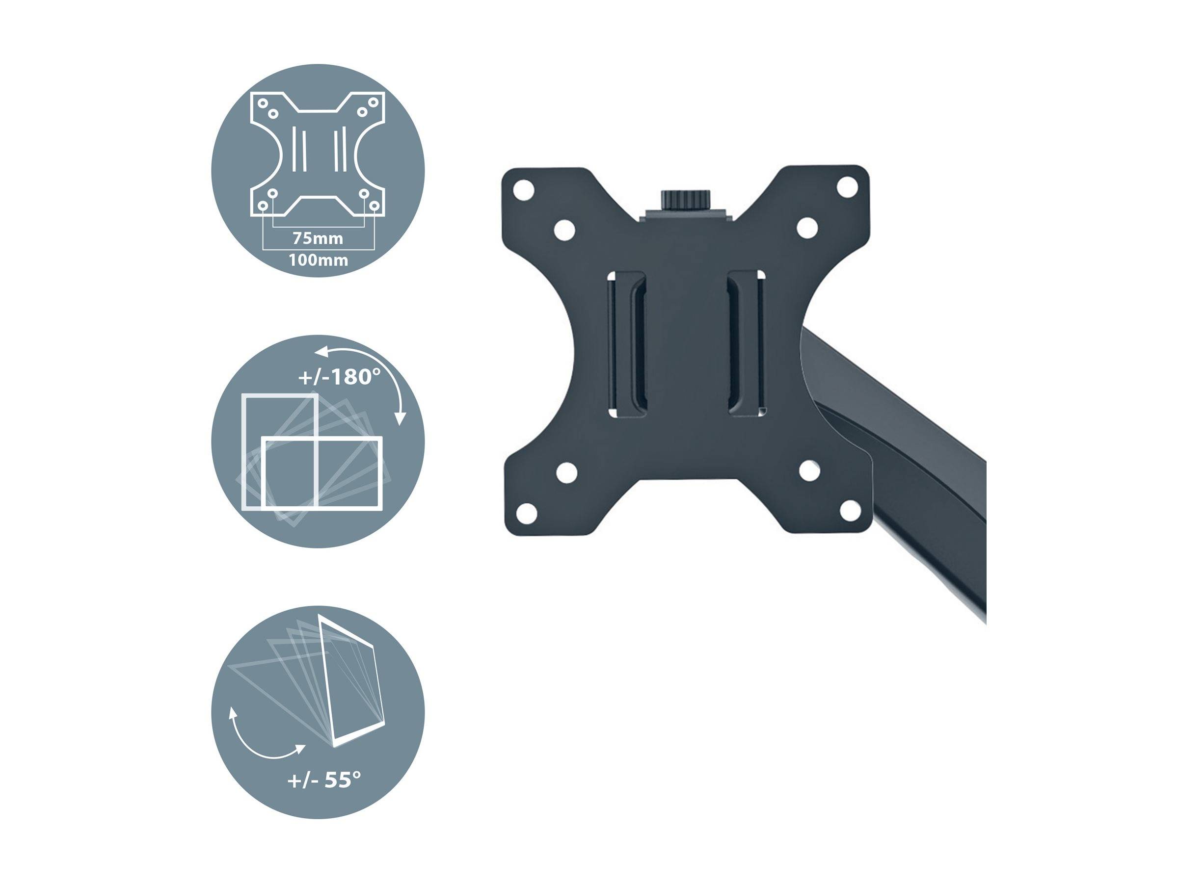 Schwarze TV-Wandhalterung mit verstellbarer Neigung und Schwenkfunktion, zeigt 75mm/100mm VESA-Kompatibilität und Rotationsbereiche bis zu +/-180° und +/-55°.