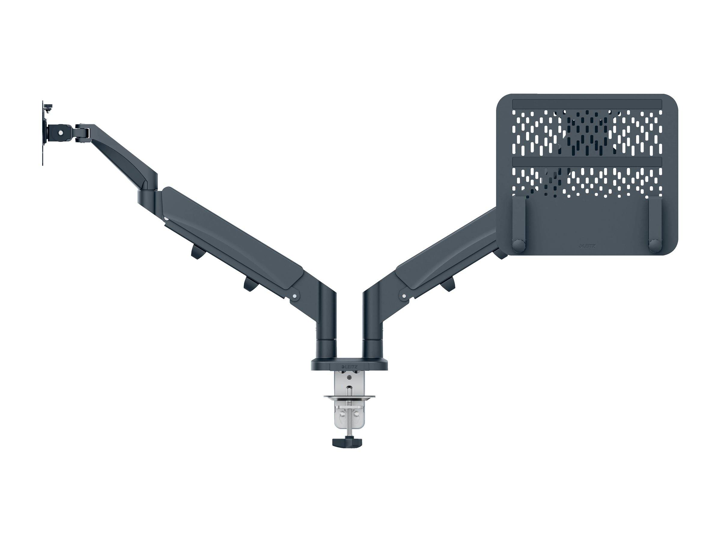 Verstellbare Dual-Arm-Monitorhalterung mit einer leeren Anzeigehalterung und einem gelöcherten Tablett, dargestellt auf weißem Hintergrund.