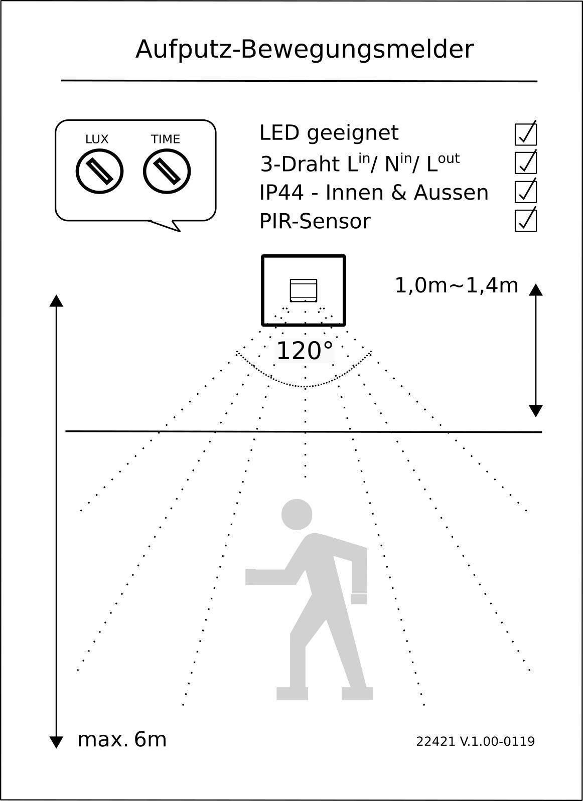 Aufputz Bewegungsmelder für Aussen IP44 Sensor 120° Erfassung 6m Reichweite für Garage Keller Hauseingang 2-500W LED geeignet Aufputz Zeit Regelbar