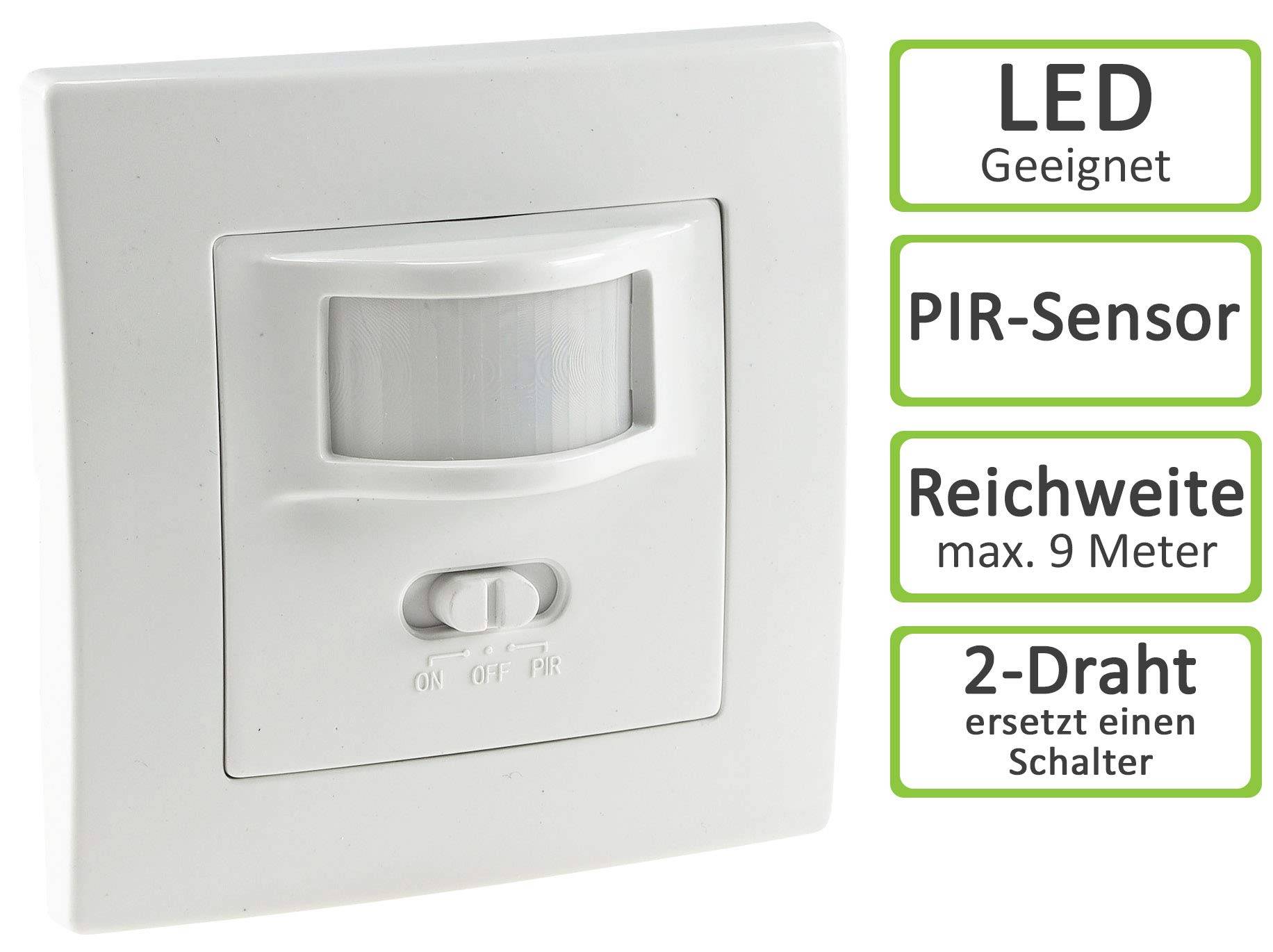 ChiliTec Bewegungsmelder 160° Unterputz Wand-Montage Schaltet ab 1Watt 9m Reichweite 230V 2-Draht Technik Ersetzt einen Lichtschalter Weiß