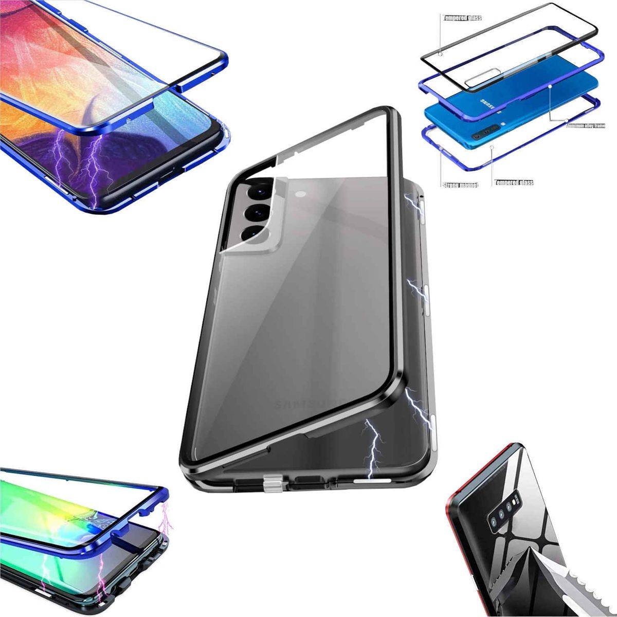 Für Samsung Galaxy S24 Beidseitiger 360 Grad Magnet Glas Hülle Handy Tasche Bumper Schwarz