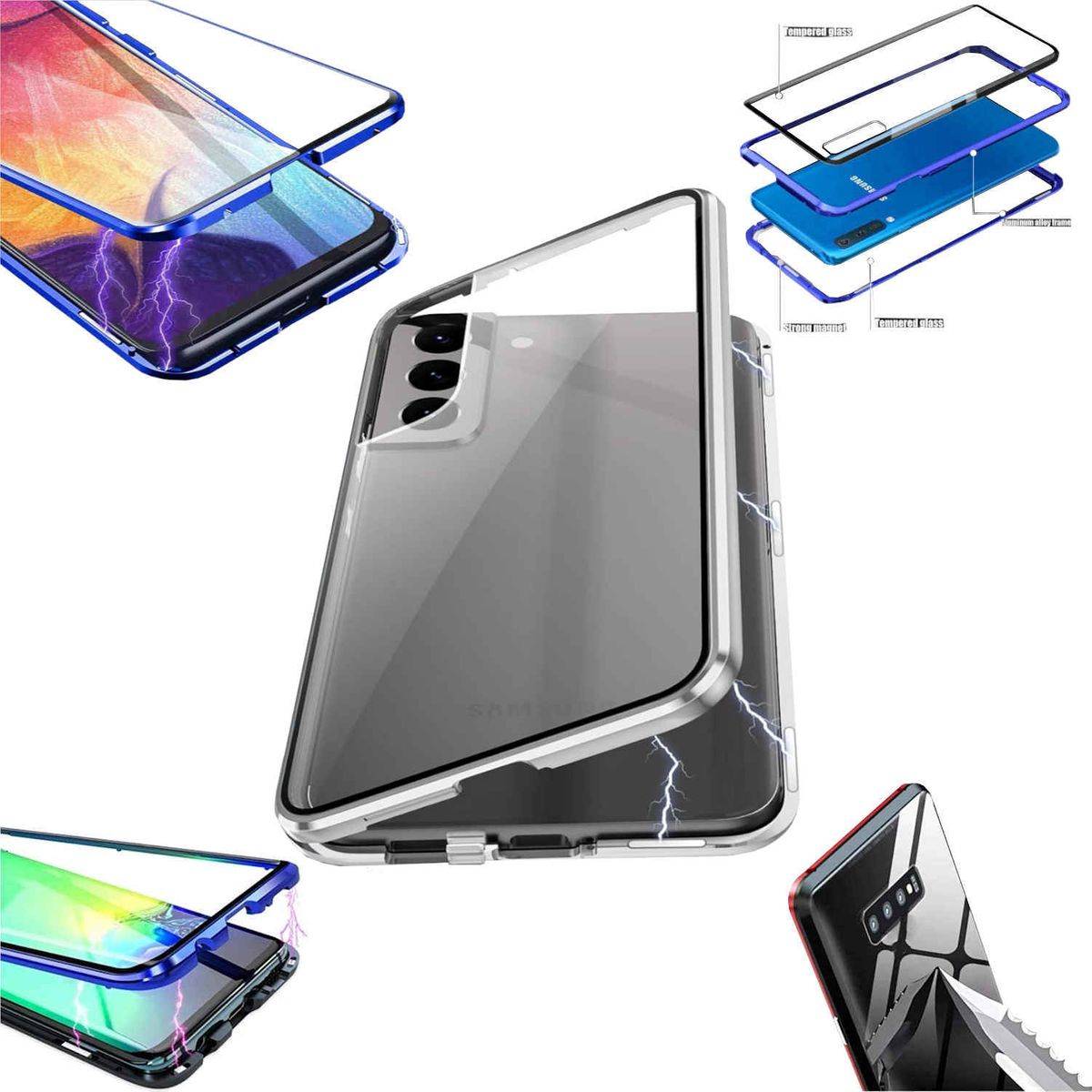 Für Samsung Galaxy S24 Beidseitiger 360 Grad Magnet Glas Hülle Handy Tasche Bumper Silber