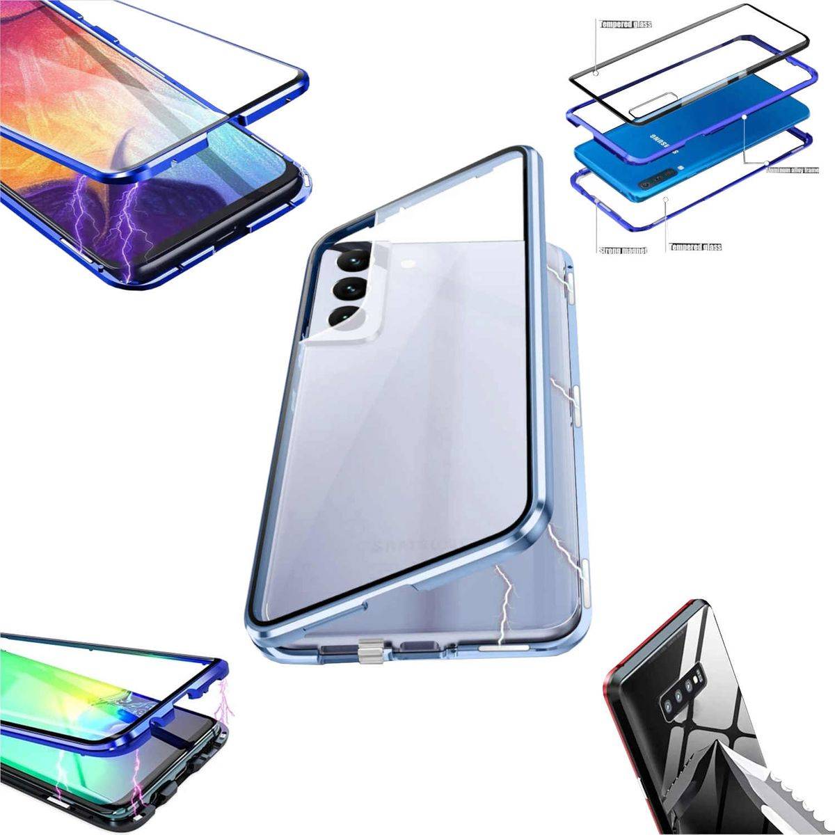 Für Samsung Galaxy S24 Beidseitiger 360 Grad Magnet Glas Hülle Handy Tasche Bumper Blau