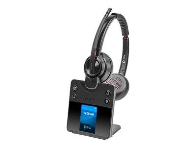 Ein schwarzes drahtloses Büro-Headset mit einer Basisstation, ausgestattet mit einem digitalen Display, das '12:00 Uhr' anzeigt.