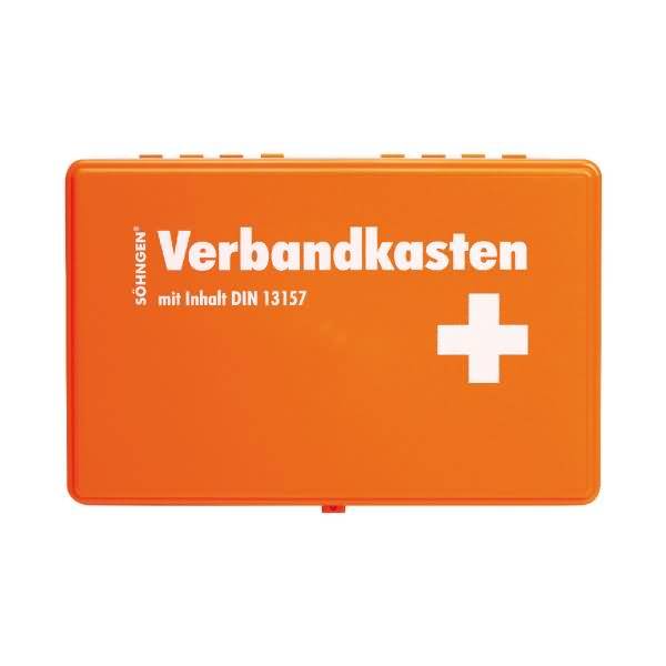Orangener Erste-Hilfe-Kasten mit der Aufschrift „Verbandkasten