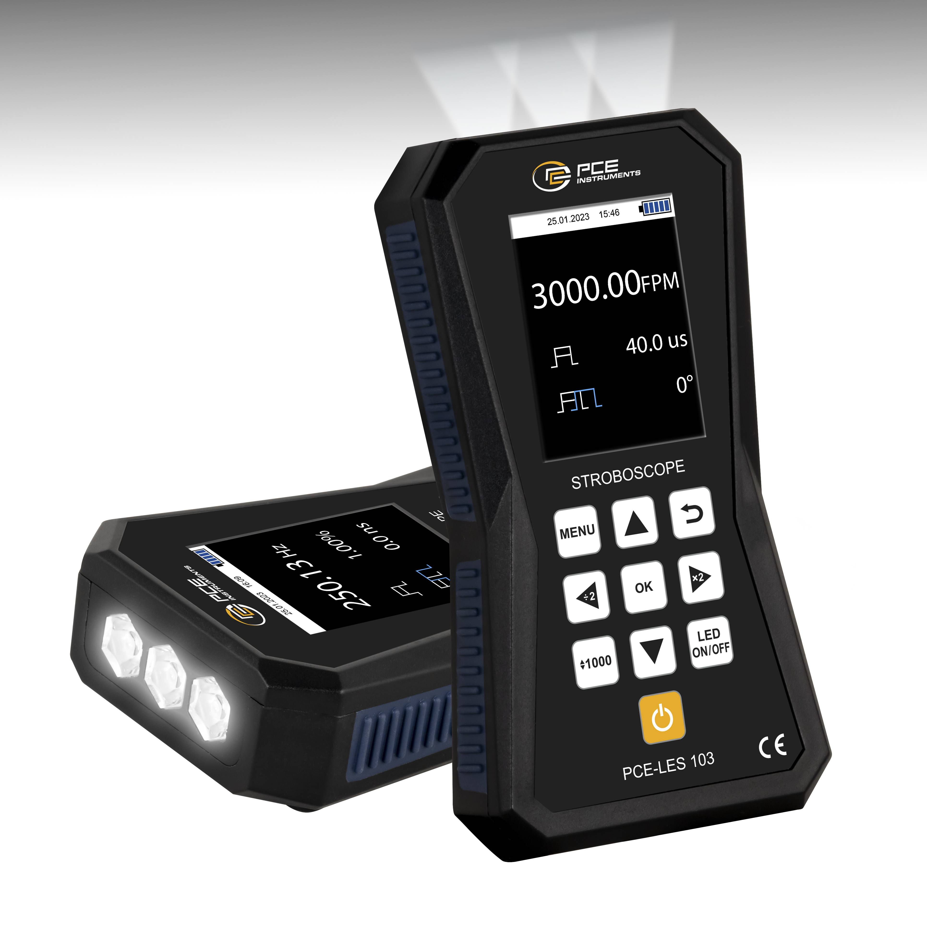 PCE Instruments Stroboskop PCE-LES 103 mit 3 HighPower LEDs |Blitzfrequenz 60 .. 300000 FPM |Genauigkeit 0,003 % |IP52
