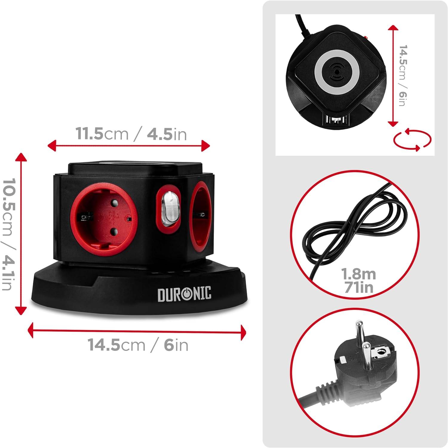 Duronic ET4W Steckdosenleiste | Steckdosenwürfel mit 3x USB A, Wireless Charge | 4-Fach Steckdose