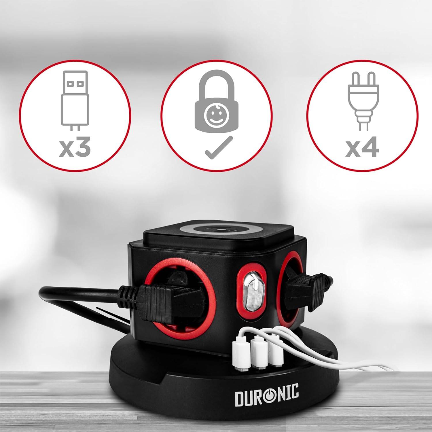 Duronic ET4W Steckdosenleiste | Steckdosenwürfel mit 3x USB A, Wireless Charge | 4-Fach Steckdose