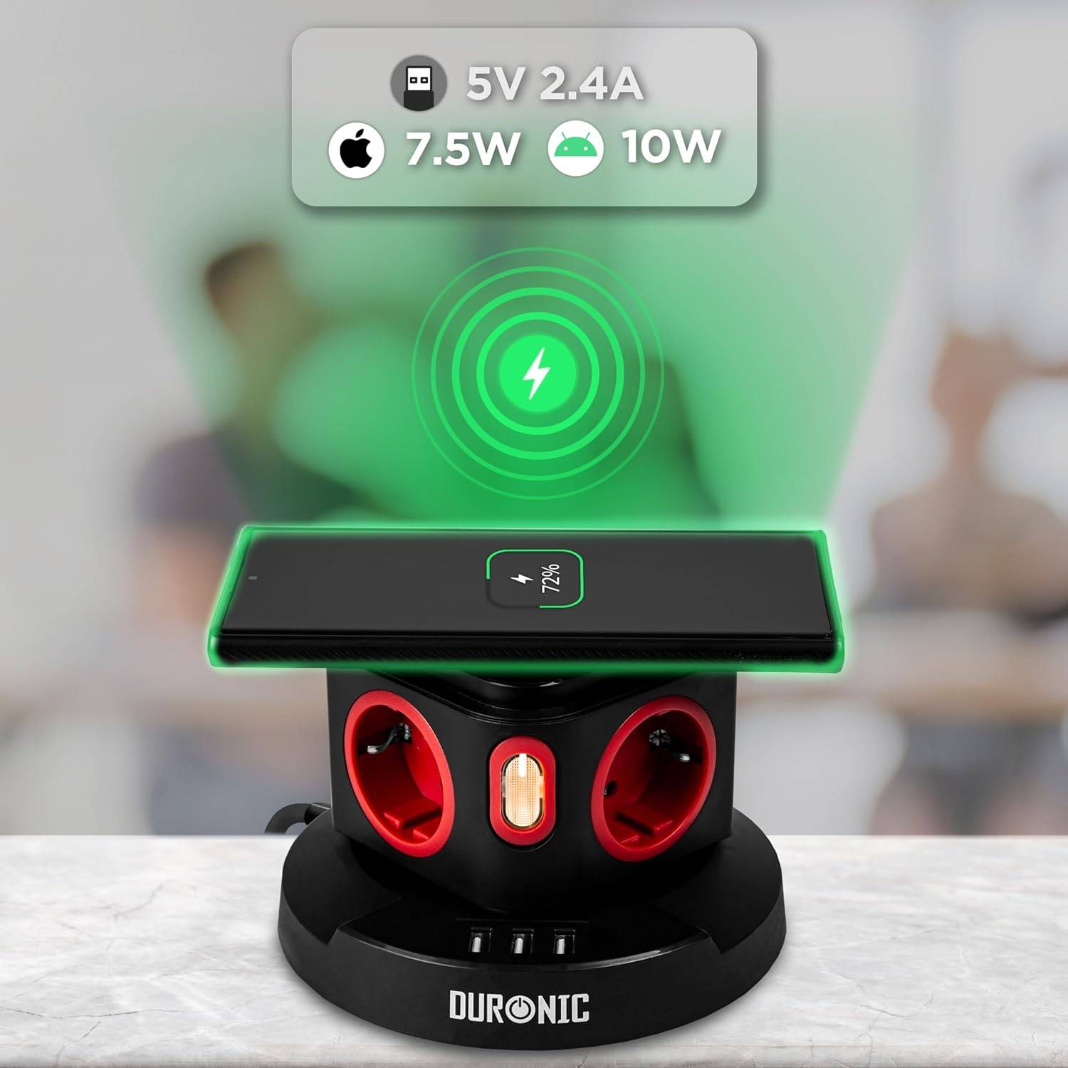 Duronic ET4W Steckdosenleiste | Steckdosenwürfel mit 3x USB A, Wireless Charge | 4-Fach Steckdose