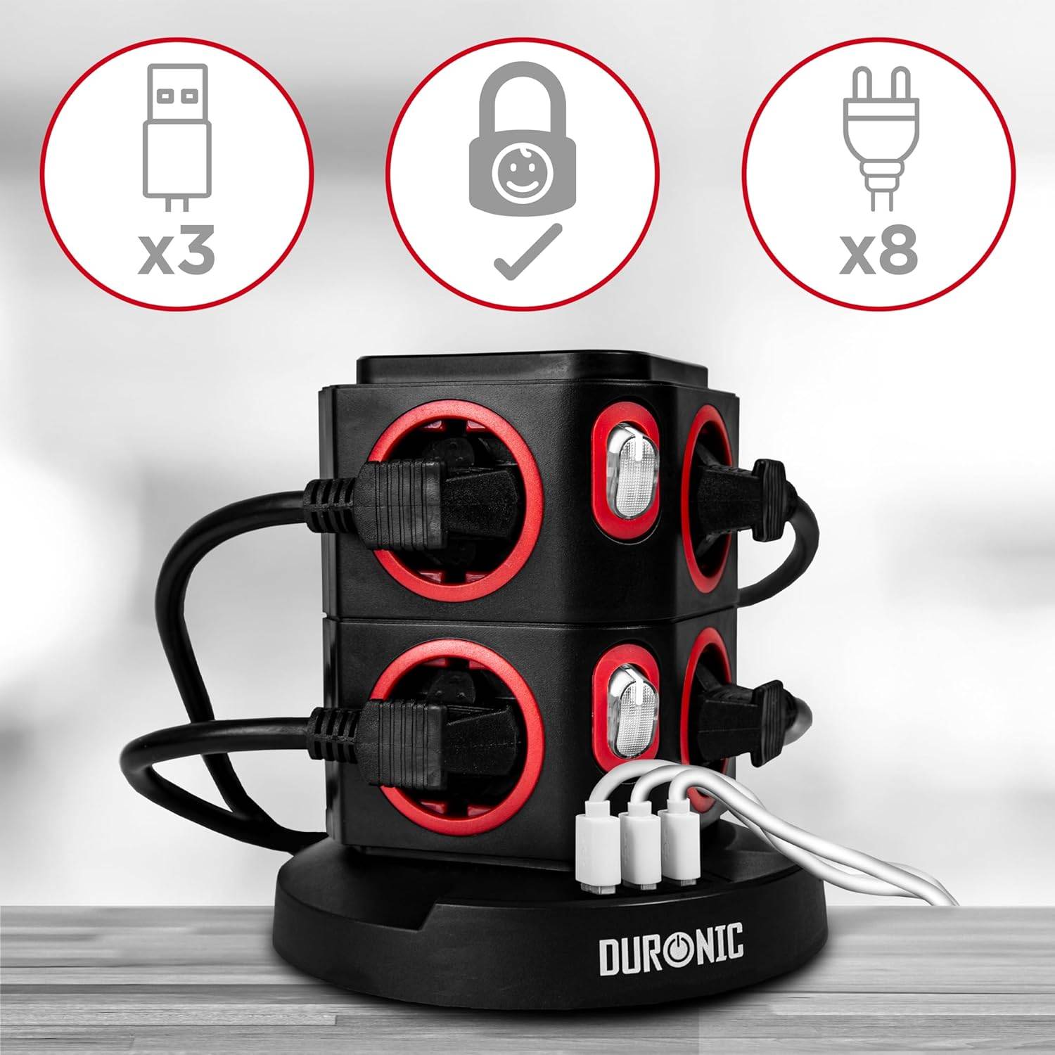 Duronic ET8W Steckdosenleiste | Steckdosenwürfel mit 3x USB A, Wireless Charge | 8-Fach Steckdose