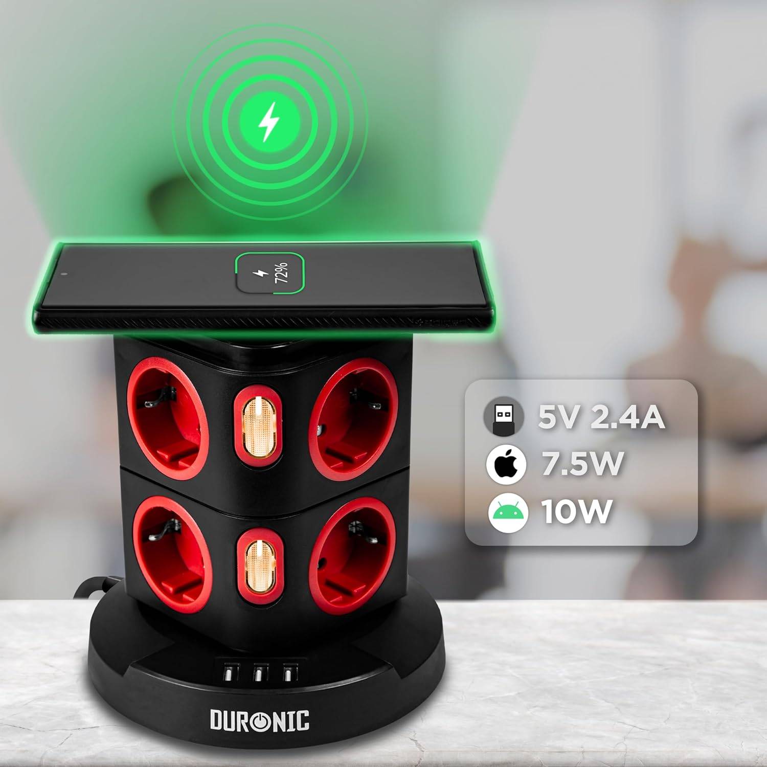 Duronic ET8W Steckdosenleiste | Steckdosenwürfel mit 3x USB A, Wireless Charge | 8-Fach Steckdose
