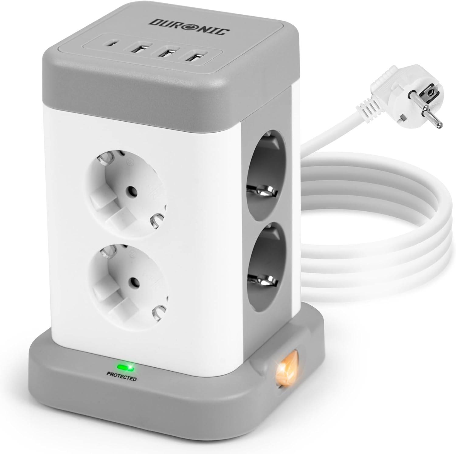 Duronic ET8C Steckdosenleiste | Steckdosenwürfel mit 3x USB A, 1x USB C Port | 8-Fach Steckdose