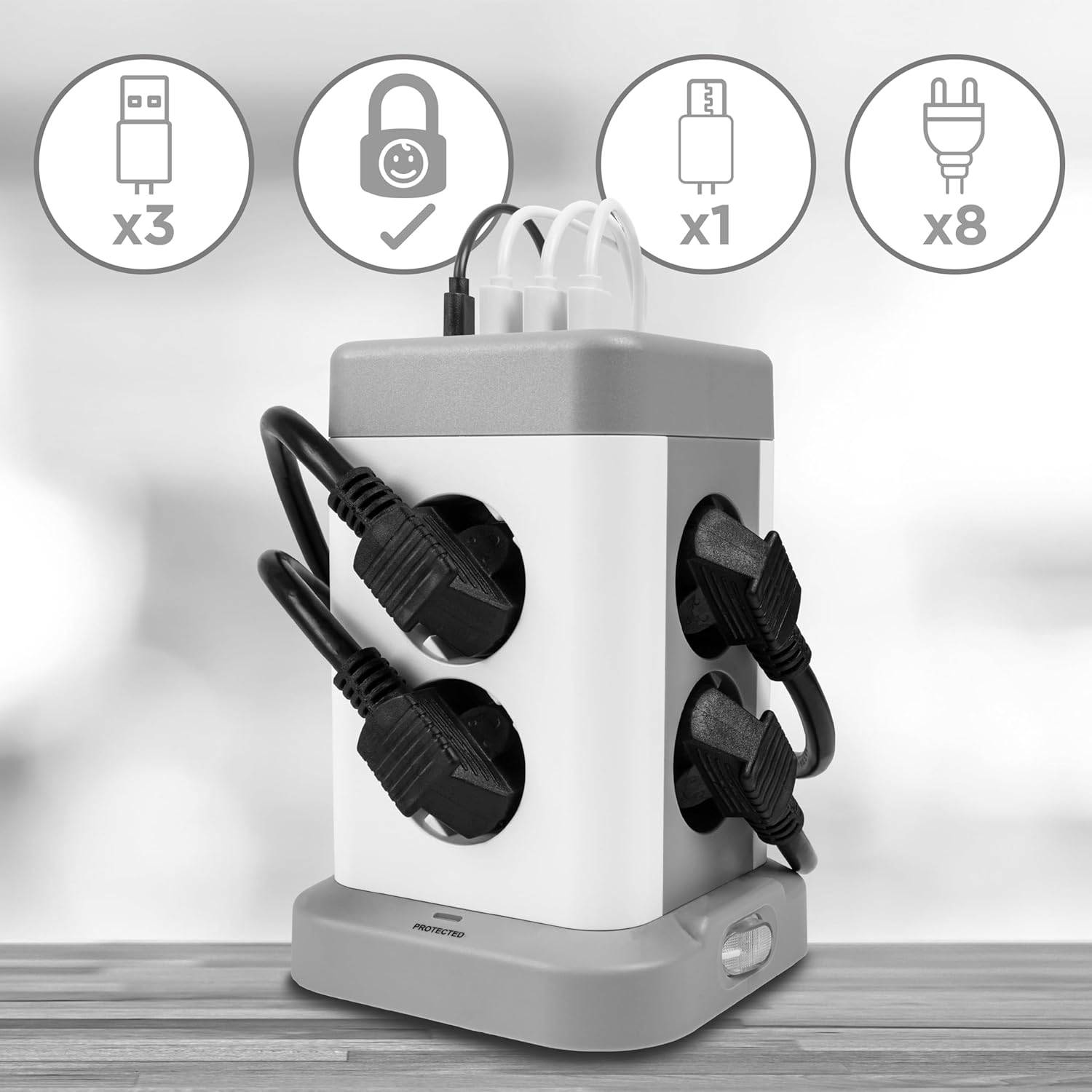 Duronic ET8C Steckdosenleiste | Steckdosenwürfel mit 3x USB A, 1x USB C Port | 8-Fach Steckdose