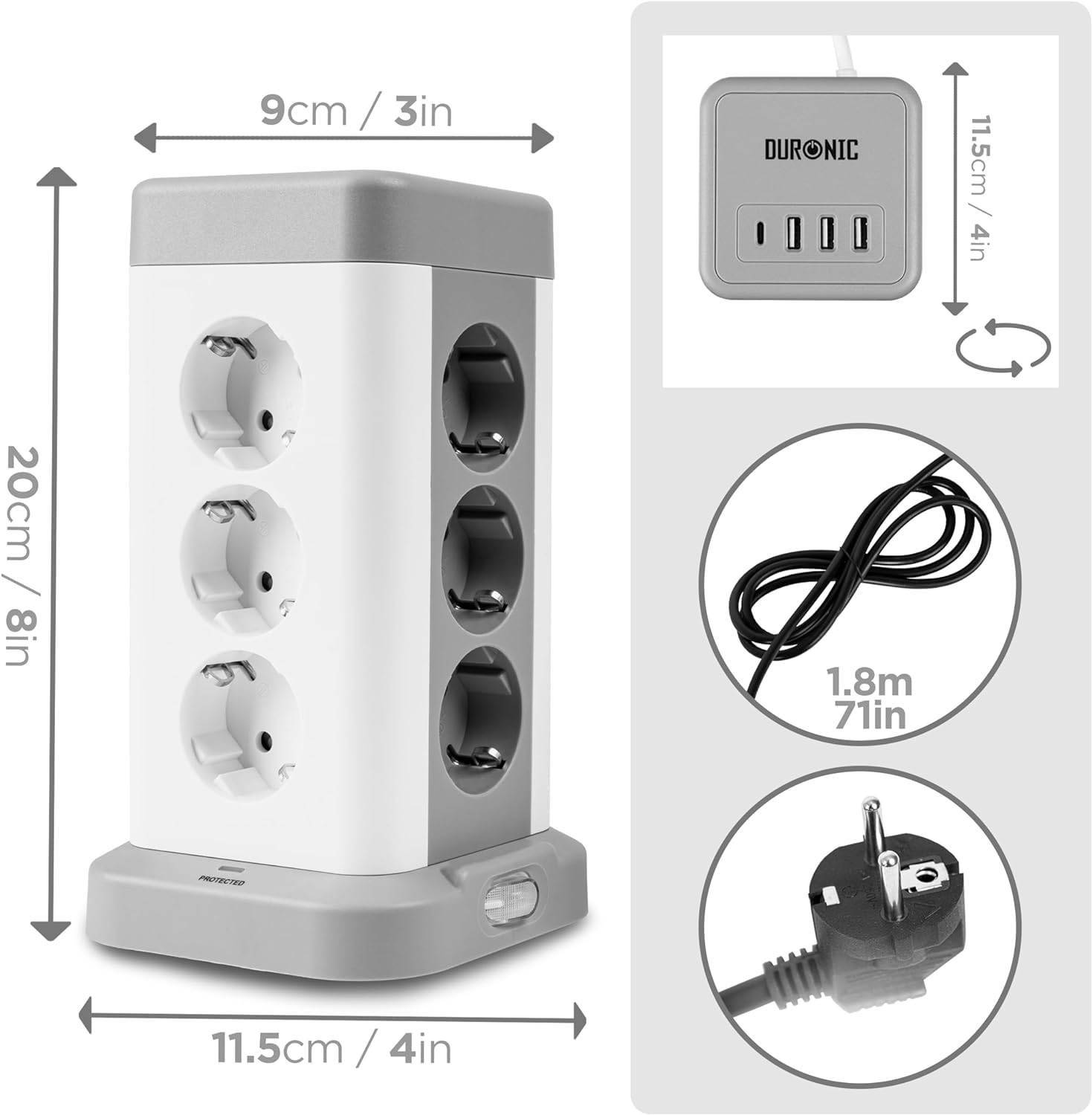 Duronic ET12C Steckdosenleiste | Steckdosenwürfel mit 3x USB A, 1x USB C Port | 12-Fach Steckdose
