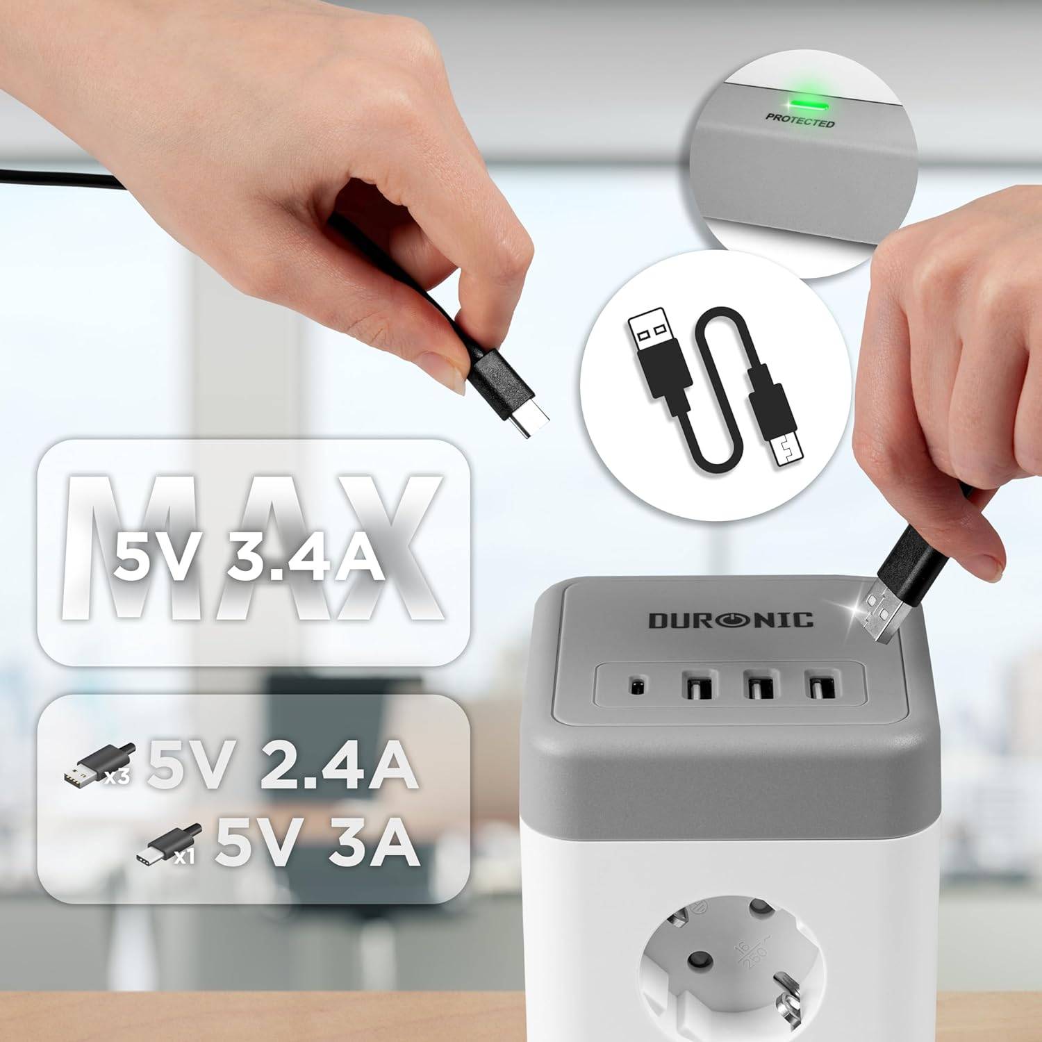 Duronic ET12C Steckdosenleiste | Steckdosenwürfel mit 3x USB A, 1x USB C Port | 12-Fach Steckdose