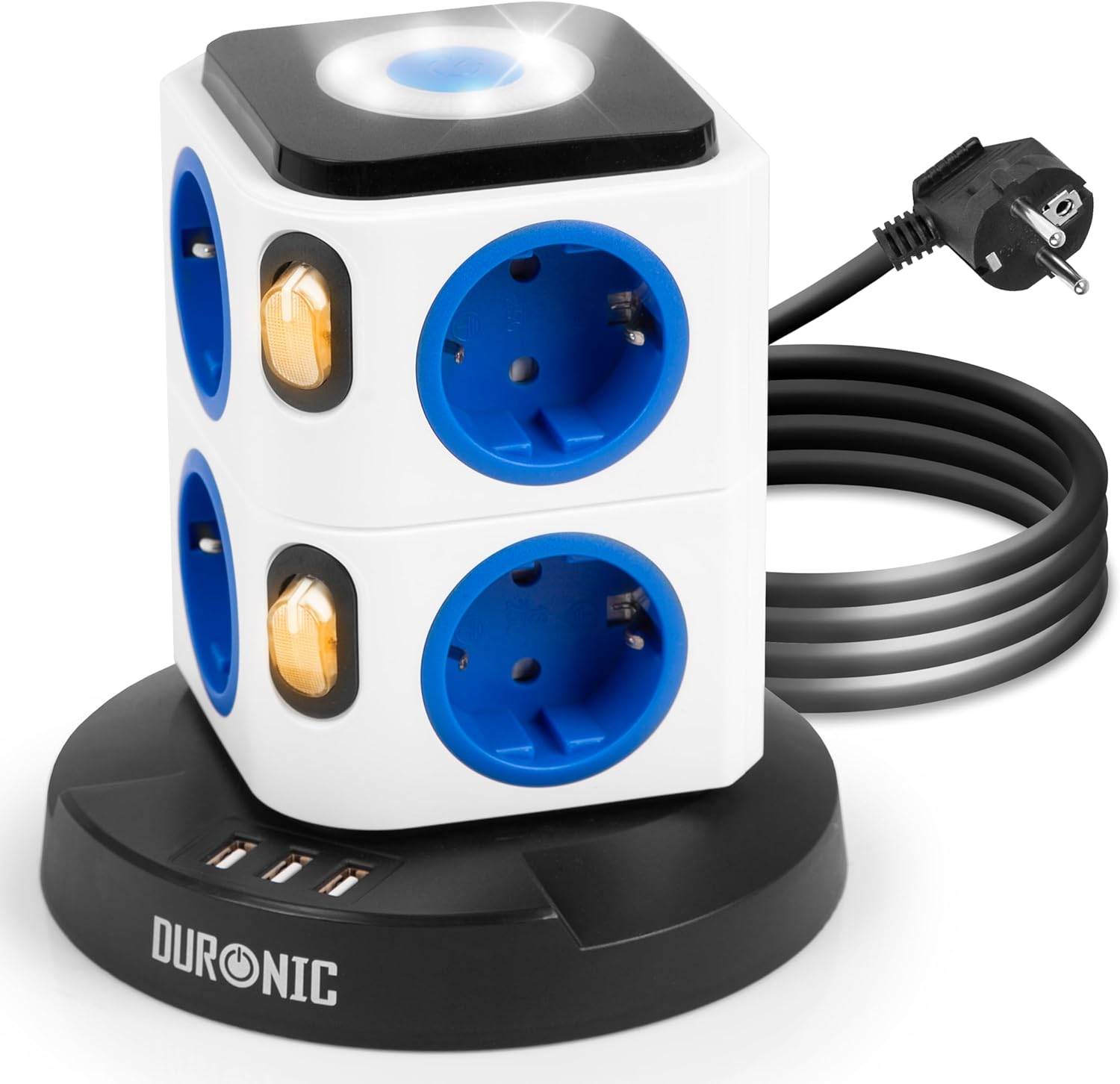 Duronic ET8L Steckdosenleiste | Steckdosenwürfel mit 3x USB A, Nachtlich | 8-Fach Steckdose